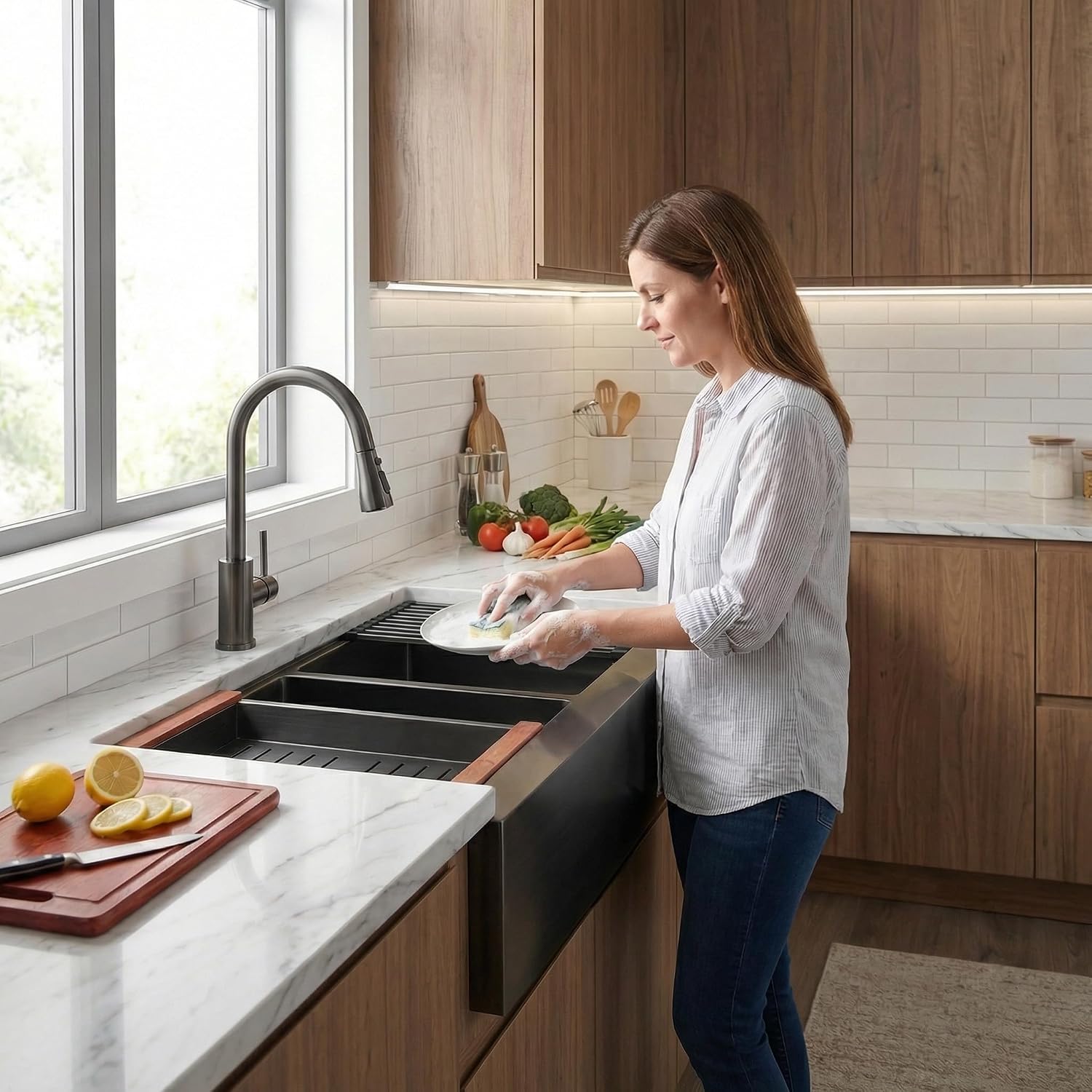 LQS Double Bowl Kitchen Sink, Undermount/Drop In Kitchen Sink, Double Bowl Stainless Steel Kitchen Sinks, 16 Gauge Stainless Steel Handmade Sinks (Black, 28' x 22' x 10')