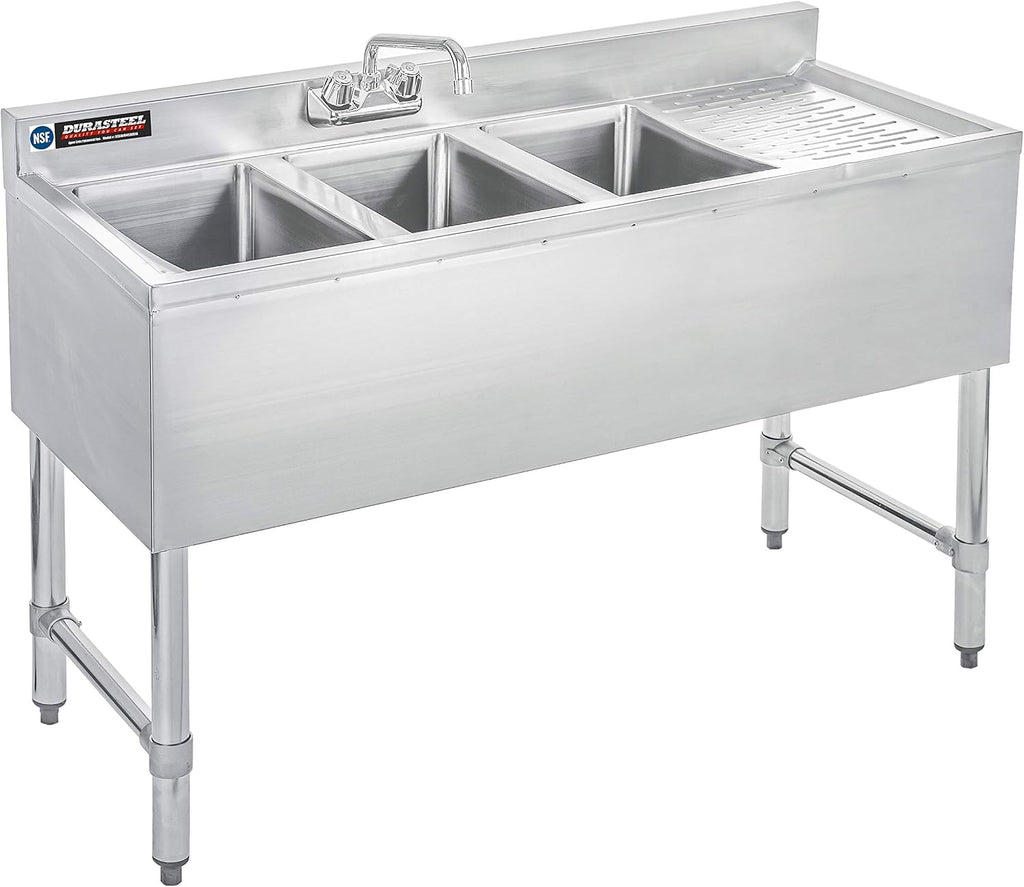 DuraSteel 3 Compartment Under Bar Sink - CEC & NSF 304 Stainless Steel 3 Bay Utility Sink with No Lead Faucet - 48' L x 19' W x 33' H - Right Drainboard Commercial Restaurant Grade