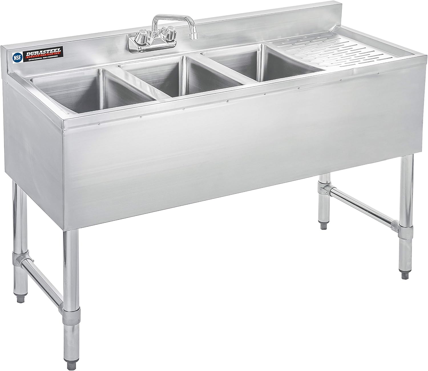 DuraSteel 3 Compartment Under Bar Sink - CEC & NSF 304 Stainless Steel 3 Bay Utility Sink with No Lead Faucet - 48' L x 19' W x 33' H - Right Drainboard Commercial Restaurant Grade