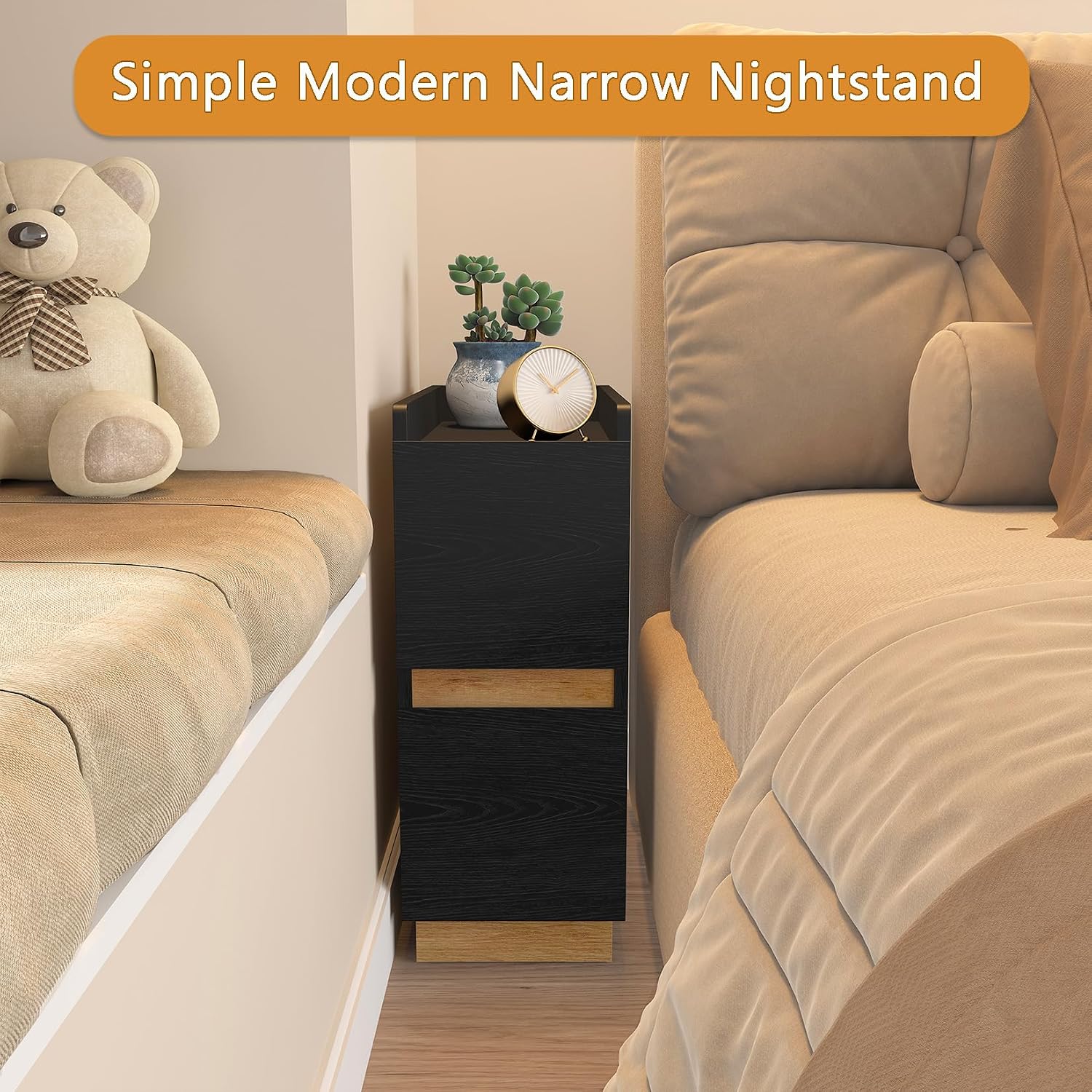 Narrow Night Stands, Modern Slim Nightstand Set of 2, Wooden Skinny Bedside Table 2 Drawers, Stackable Narrow Side Table with Drawers for Small Spaces, Bedroom, Living Room, Black