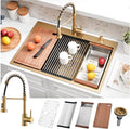 33x19 Inch Gold Drop In Kitchen Sink with Faucet - Brushed Finish Stainless Steel Single Bowl Workstation Sinks, Includes Accessories Set, Easy to Install for Home & Restaurant