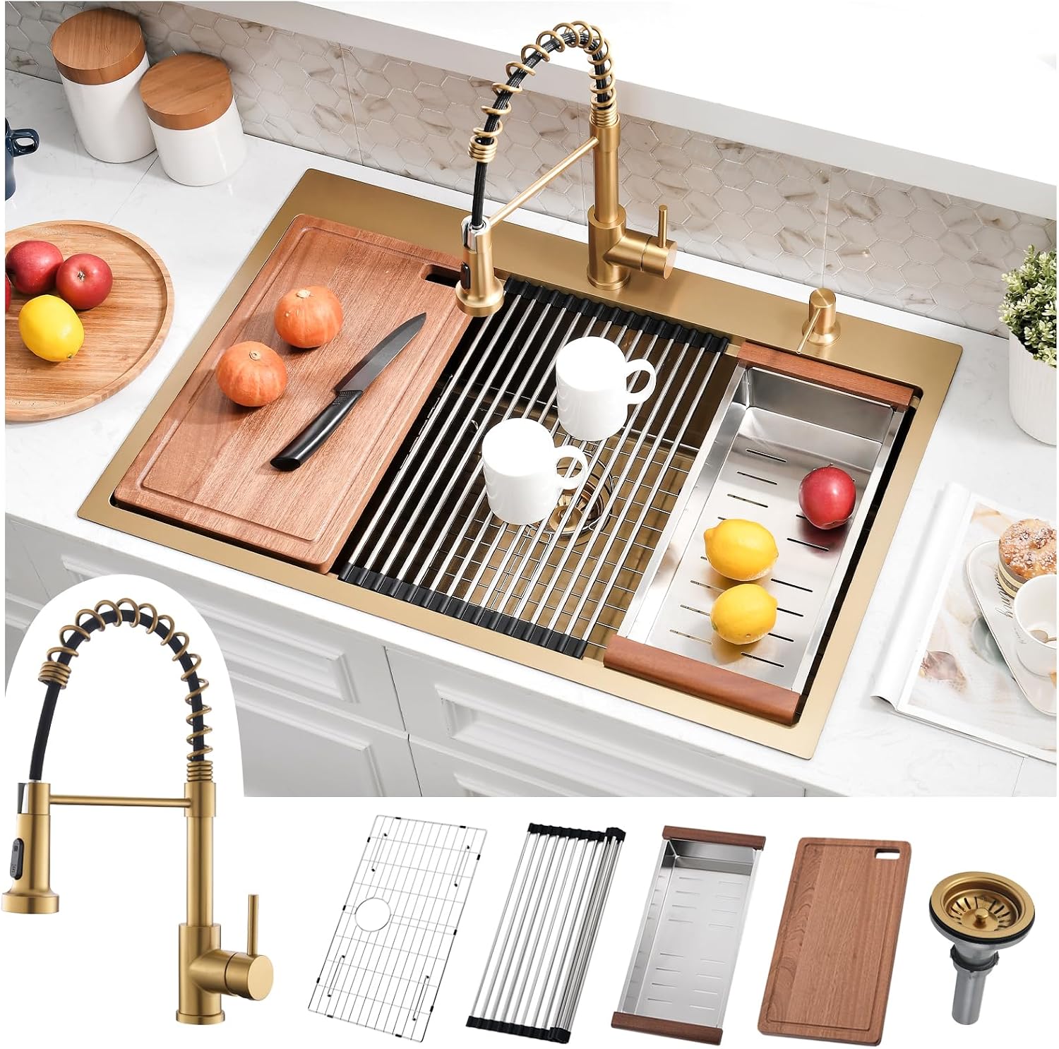 33x19 Inch Gold Drop In Kitchen Sink with Faucet - Brushed Finish Stainless Steel Single Bowl Workstation Sinks, Includes Accessories Set, Easy to Install for Home & Restaurant