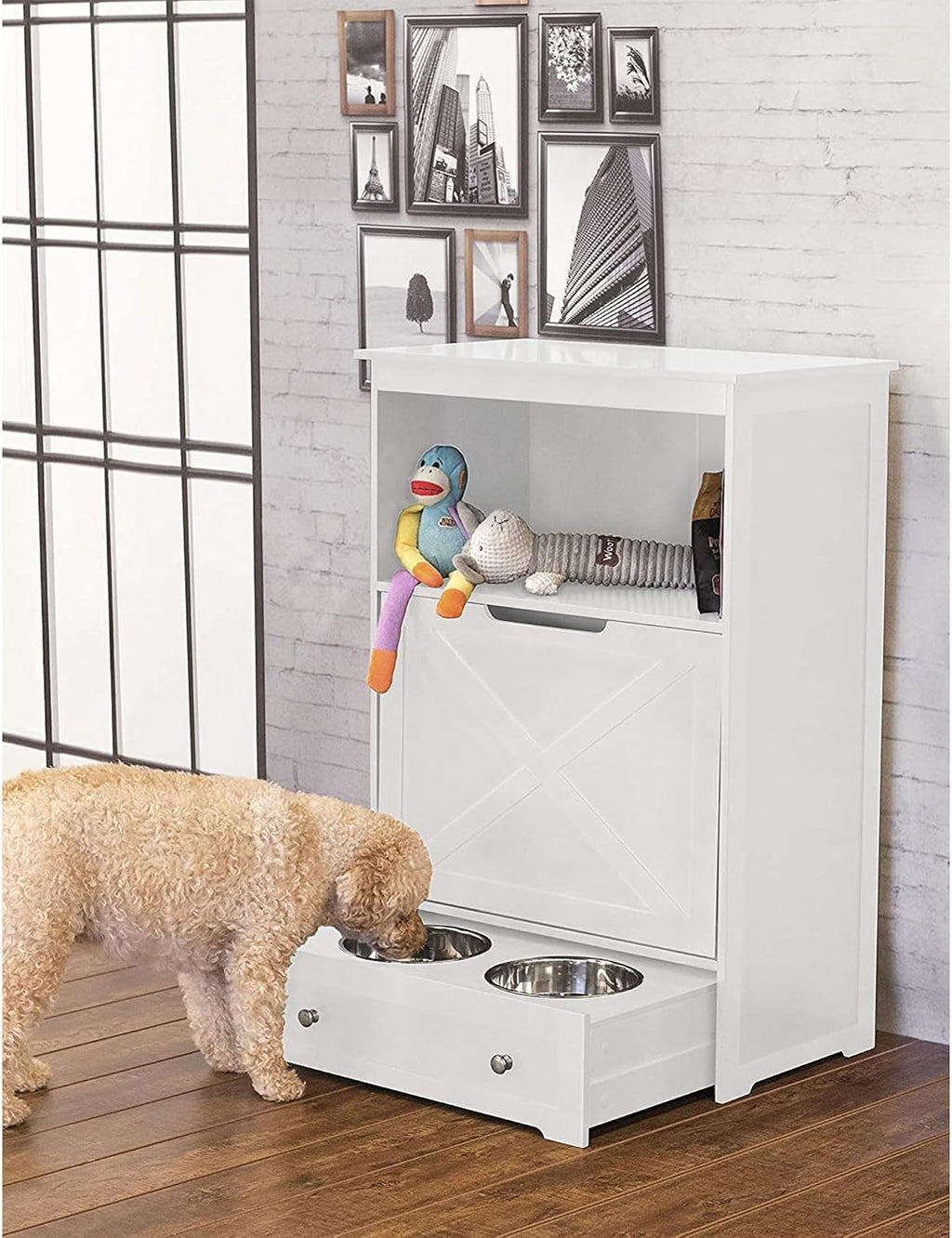 zoovilla Windsor Pet Feeders with storage - dog bowl stand, pet feeder station, White 13.78?D x 24.02?W x 35.04?H