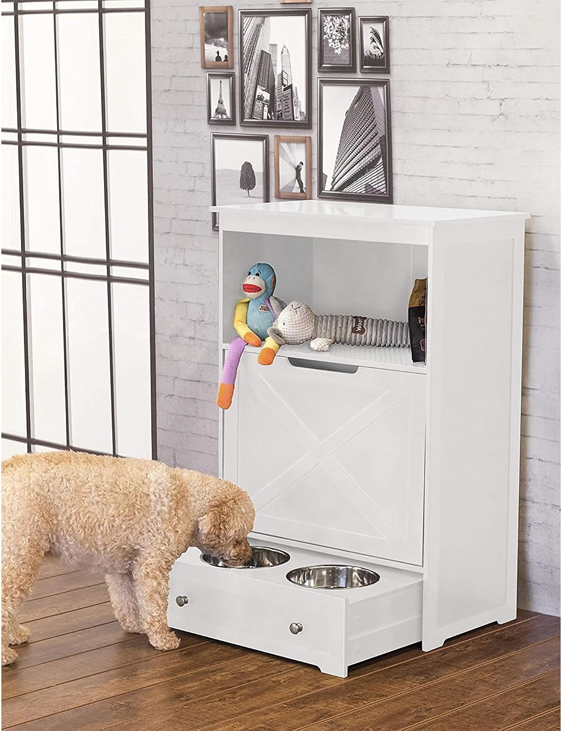 zoovilla Windsor Pet Feeders with storage - dog bowl stand, pet feeder station, White 13.78?D x 24.02?W x 35.04?H