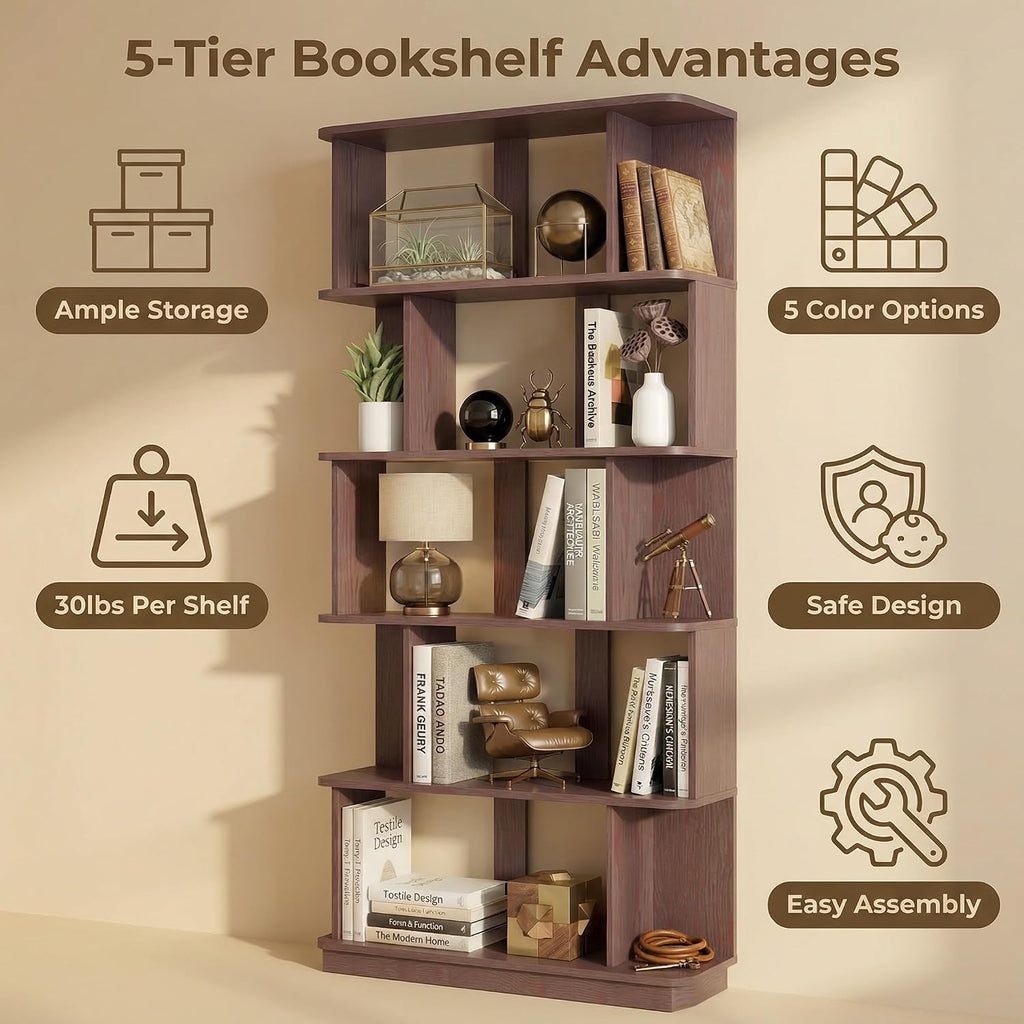 5-Tier Tall Bookshelf, Narrow Wood Bookcase, Ox Blood Red | 64.56' freestanding open display shelf for books, décor, and storage in living rooms, bedrooms, or home offices