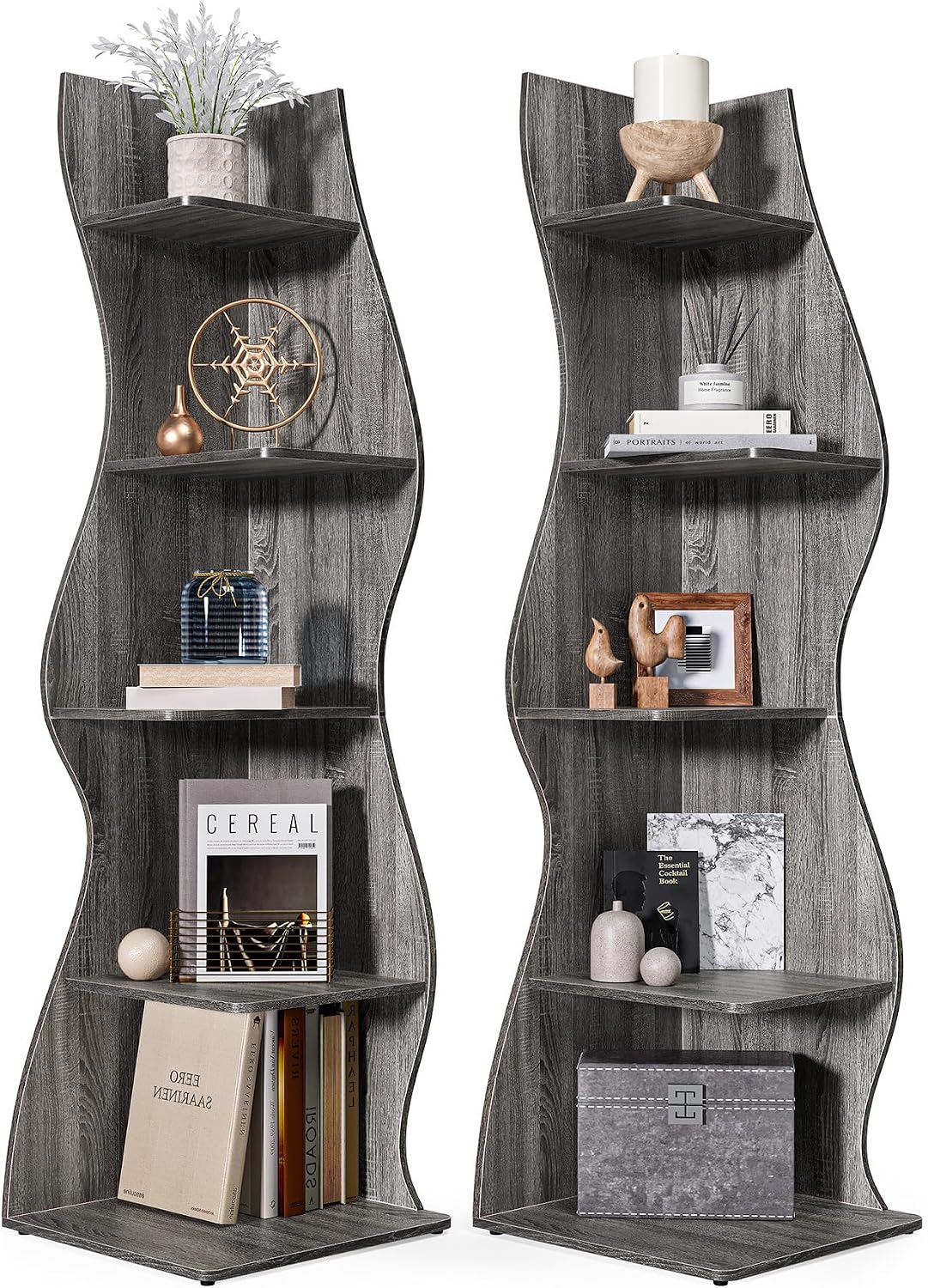 LITTLE TREE Small Corner Shelf, Modern 5-Tier Wall Corner Bookshelf, Stylish Bookcase Storage Rack for Small Space, Living Room, Bedroom