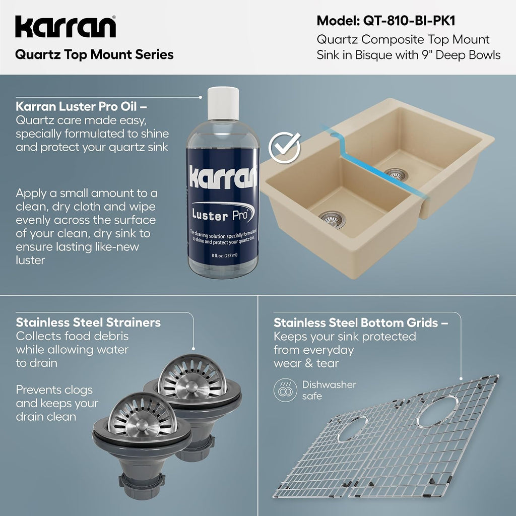 Karran QT-810 33' Top Mount Double Equal Bowl Quartz Kitchen Sink Kit in Bisque