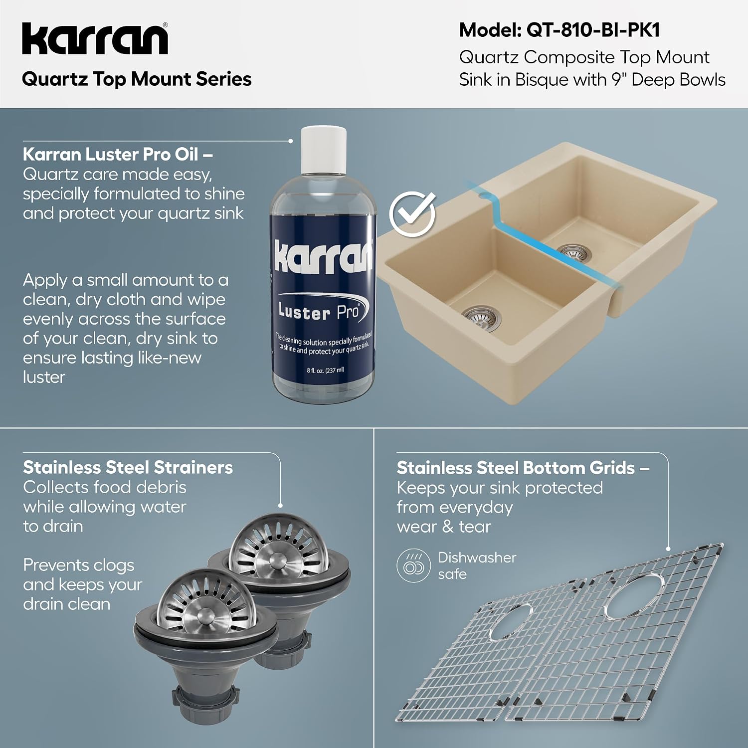 Karran QT-810 33' Top Mount Double Equal Bowl Quartz Kitchen Sink Kit in Bisque