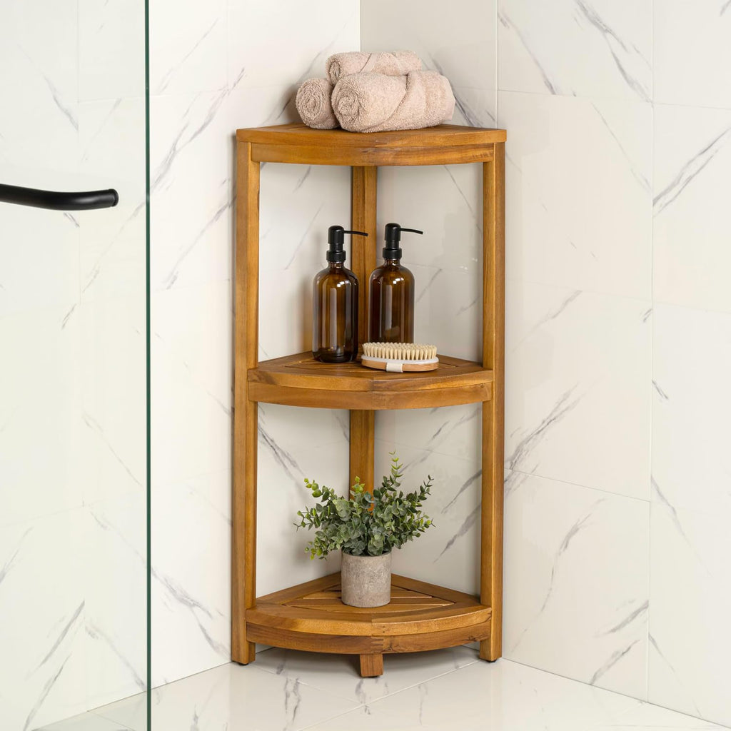 happimess SHF1000A Sela 33' Classic Minimalist 3-Tier Acacia Wood Freestanding Bathroom Corner Shelf, Shower Organizer, Storage Rack for Bath, Office, Kitchen Desktop, Natural