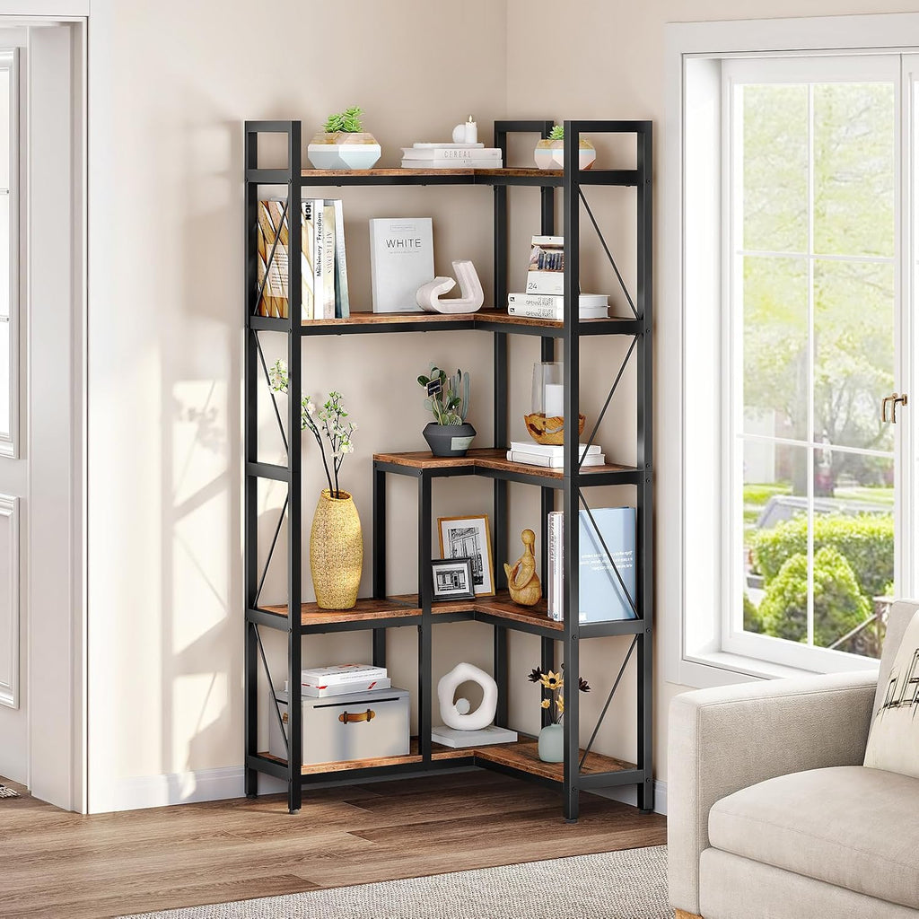CHOEZON 5-Tier Corner Bookshelf, 65.5'' Tall L-Shaped Bookcase, Corner Storage Stand with Metal Frame, Display Storage Rack, for Living Room, Home Office, Bedroom, Rustic Brown TSJ12BF