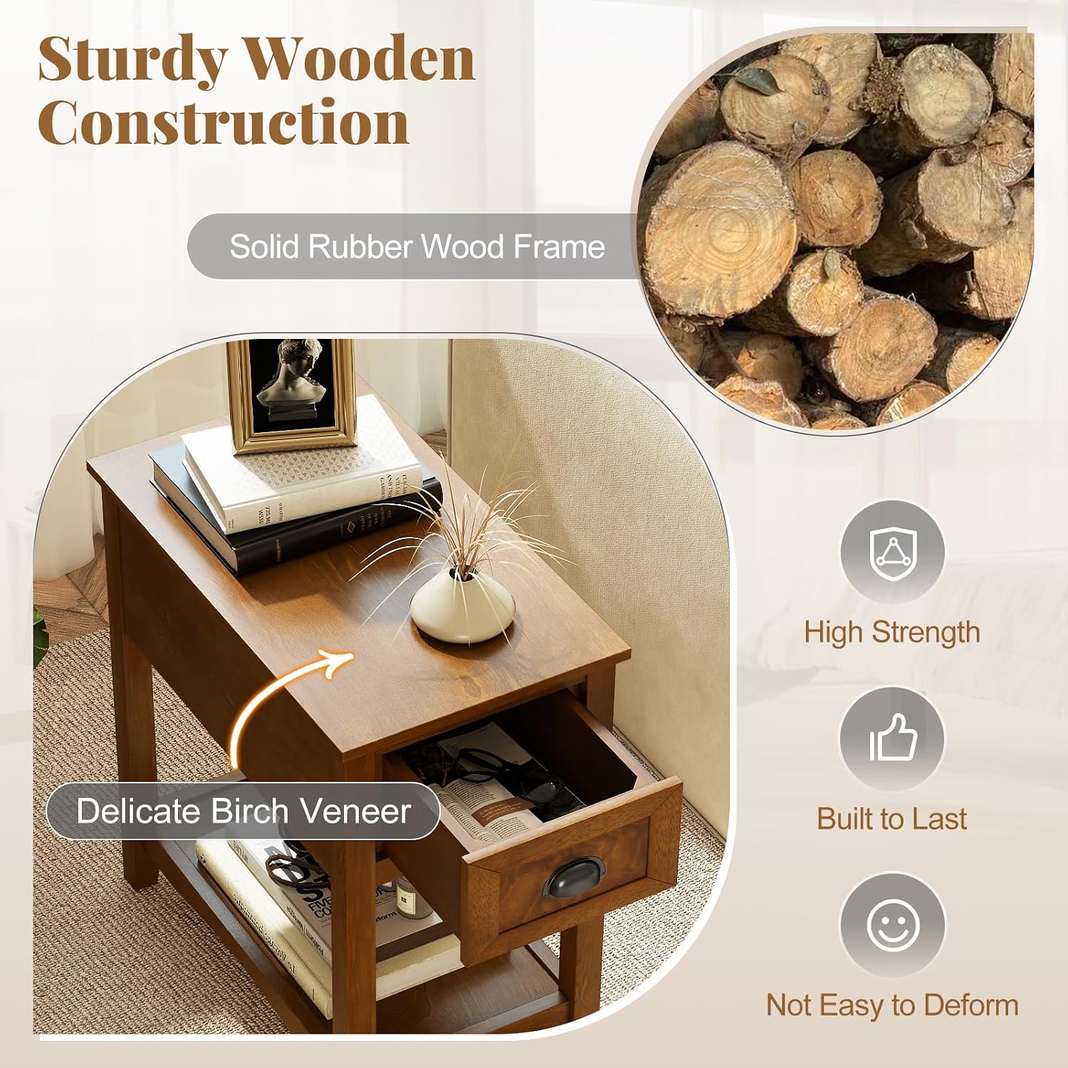 Giantex End Table with Drawer, Retro Narrow Side Table, Nightstand with Solid Wood & Storage Shelf, Bedside Table for Living Room Bedroom Small Space Home Office (2, Tawny)