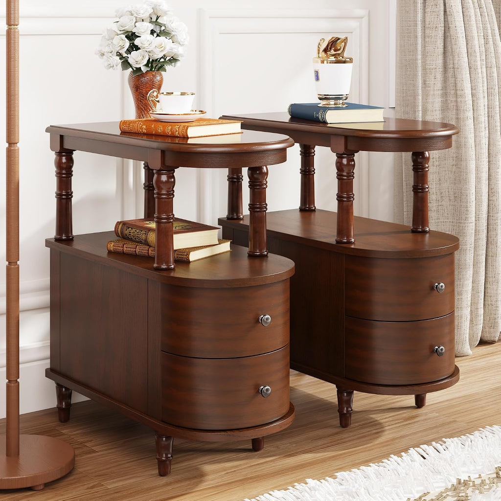 LEEMTORIG Set of 2 Narrow Side Table with Drawers, Vintage Slim Solid Wood End Table Nightstand, Mid-Century Modern 2-Tier Bedside Table for Bedroom Living Room, Cherry Brown BG-A508-CY