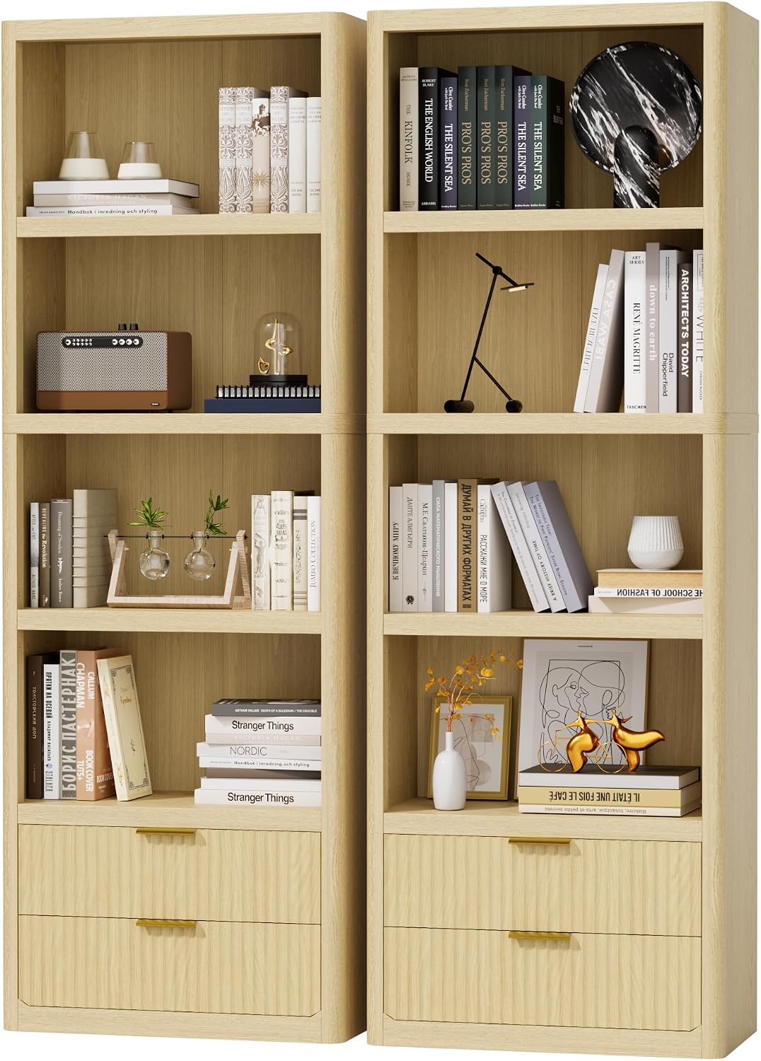 YESHOMY 79' Tall Wooden Bookshelf with Drawers, Corner Bookshelf Organizer with 4-Tier Open Shelves, Fluted Bookcase Storage Shelves for Home, Office,Living Room, 2 PCS