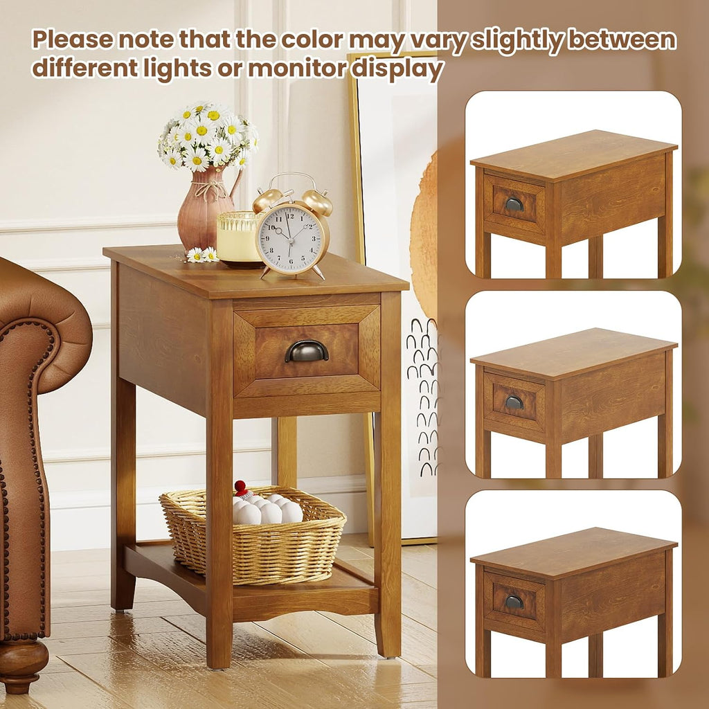 GOFLAME Narrow End Table with Drawer, Retro Sofa Side Table with Storage Shelf & Solid Rubber Wood Legs, Farmhouse Bedside Tables, Rustic Nightstand for Living Room, Bedroom, Light Brown (2)