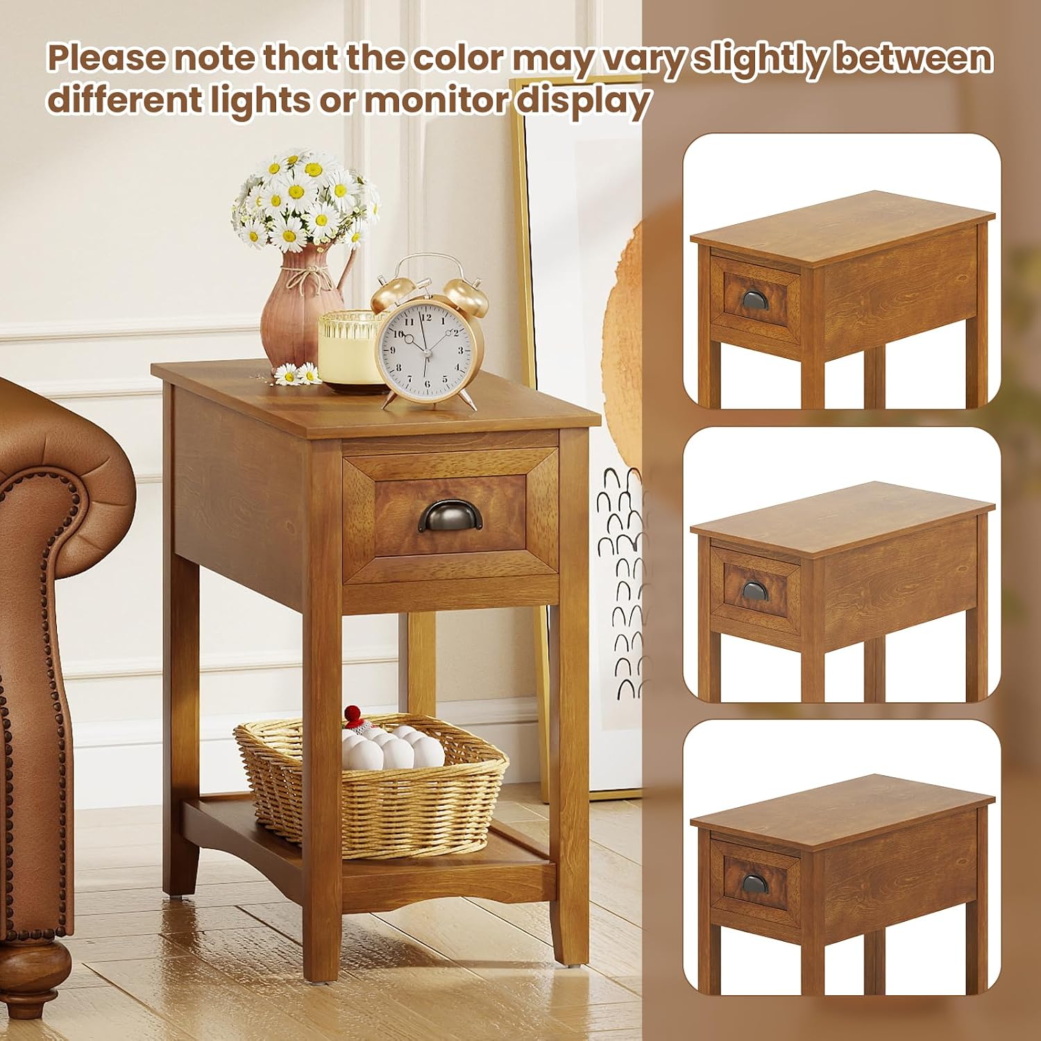 GOFLAME Narrow End Table with Drawer, Retro Sofa Side Table with Storage Shelf & Solid Rubber Wood Legs, Farmhouse Bedside Tables, Rustic Nightstand for Living Room, Bedroom, Light Brown (2)