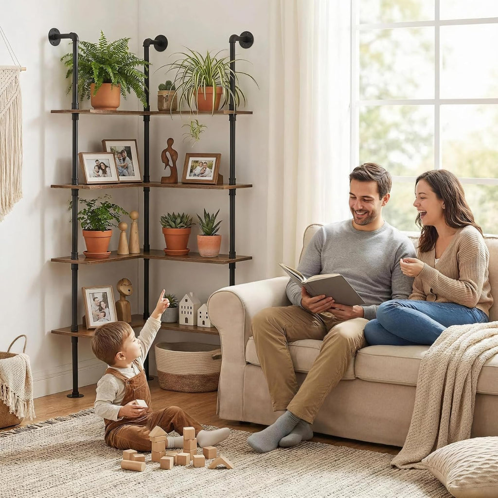 Industrial Pipe Corner Bookshelf, Wall Wooden Bookcase with Open Shelves, L Shaped Ladder Pipe Pantry Shelving for Living Room, Bedroom, Home, Office, 4 Tiers