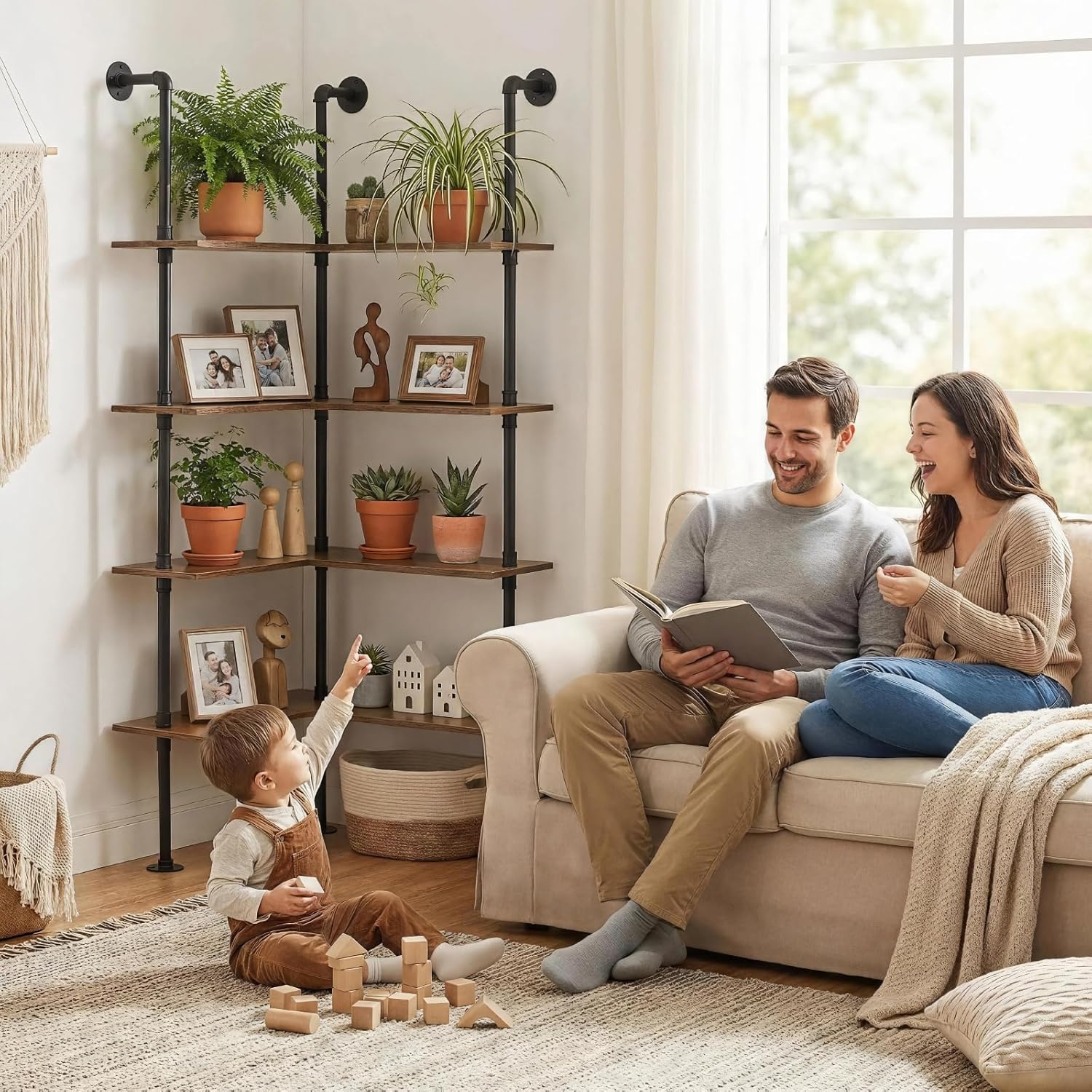 Industrial Pipe Corner Bookshelf, Wall Wooden Bookcase with Open Shelves, L Shaped Ladder Pipe Pantry Shelving for Living Room, Bedroom, Home, Office, 4 Tiers