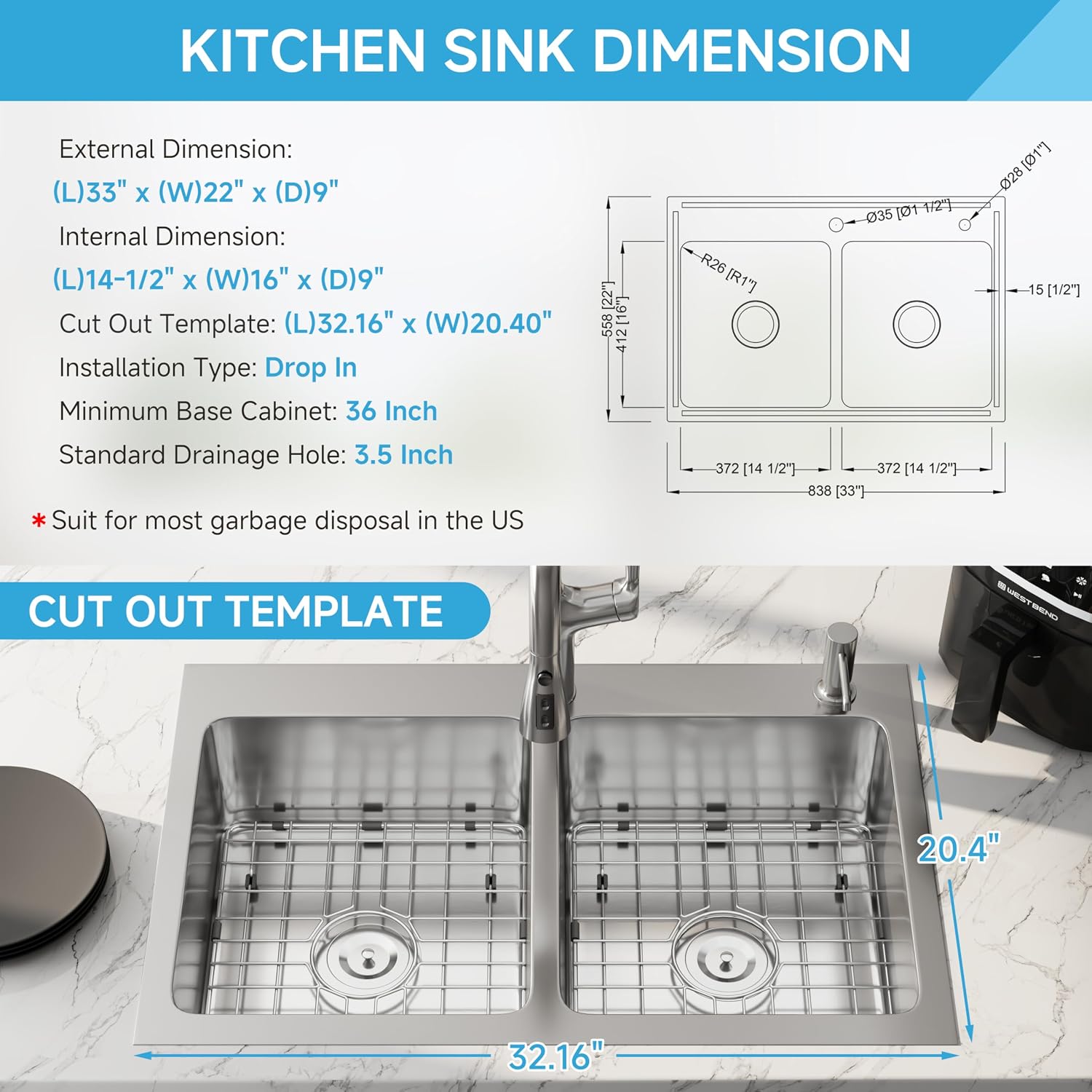 33x22 Drop In Double Bowl Kitchen Sink, 33 Inch Topmount 16 Gauge 304 Stainless Steel, Commercial Grade Large Capacity 50/50 Kitchen Sinks with Strainer and Grid, 33' x 22' x 9'