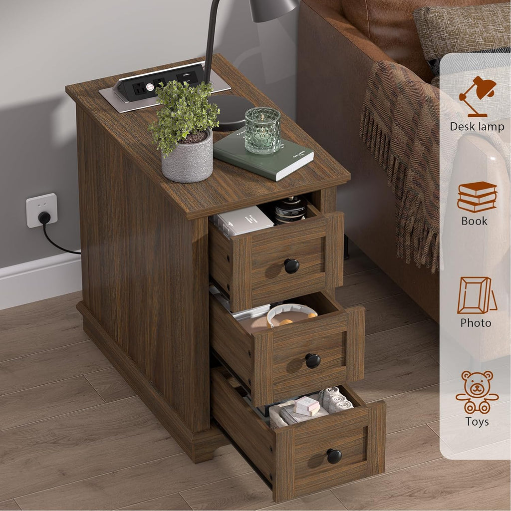 HIFYOBRO Narrow End Table with Flip Top Charging Station, 3 Drawers Storage Side Table, Wooden Nightstand for Living Room, Bedroom, Home Office