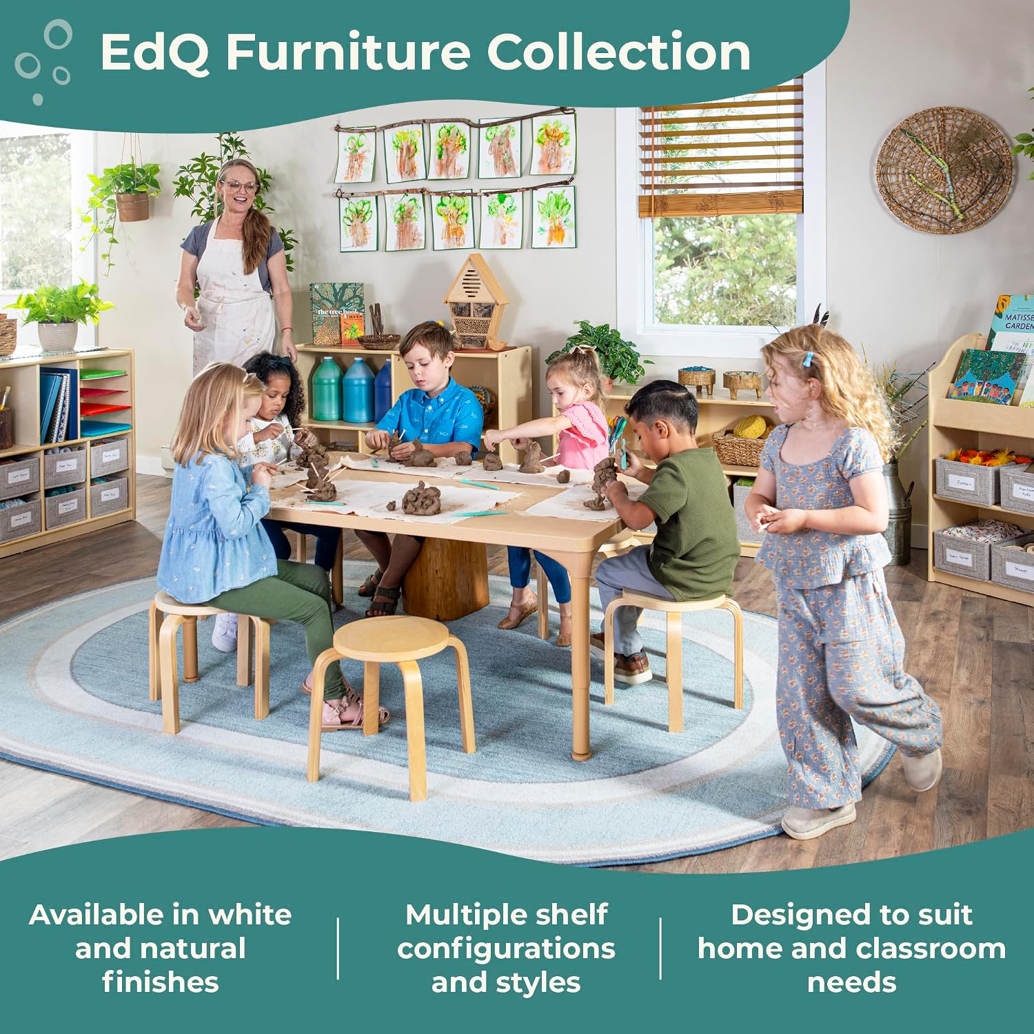 Guidecraft EdQ Three Shelf Compartment Storage Natural with 3 Fabric Bins: Wood Bookshelf and Toy Organizer for Kids, Storage Unit for Homeschool and Classroom