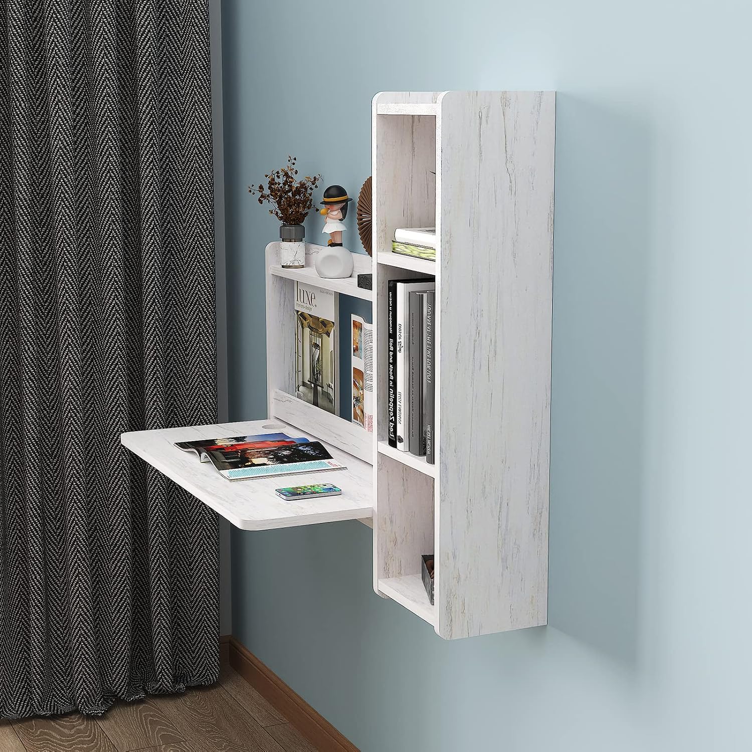 Pmnianhua Floating Desk,41'' Wall Mounted Desk,Fold Down Laptop Desk,Folding Workstation,Space Saving Table with Storage for Bedroom Study Room Small Space (Off White-Left)