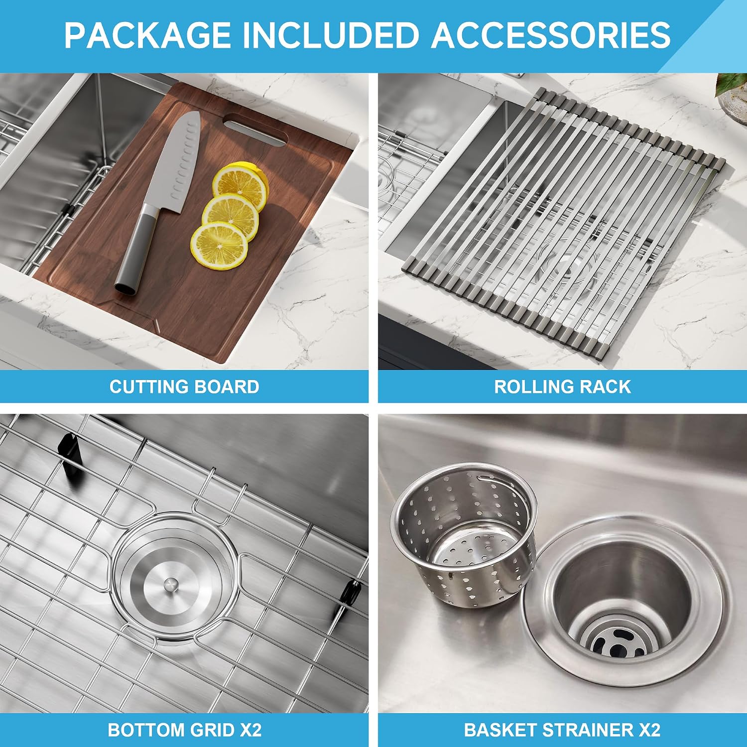 32 Inch Undermount Handmade Double Bowl Kitchen Sink, 16 Gauge 304 Stainless Steel 50/50 Large Capacity Deep Kitchen Sinks, Accessories Combo Included, 32' x 19' x 10'