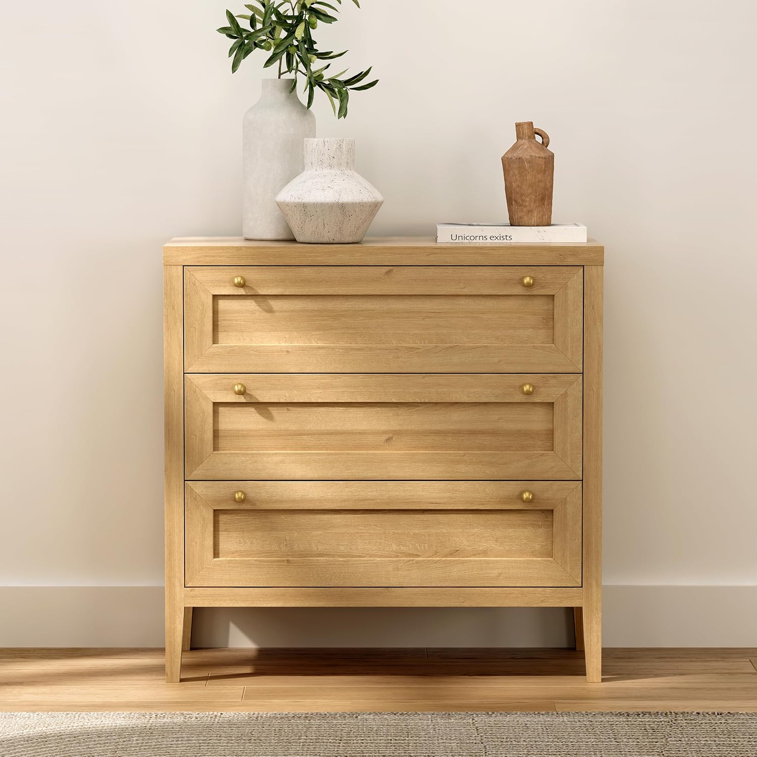 EYYTHUNG Modern 3 Drawer Dresser for Bedroom, Chest of Drawers with Golden Handles, Wood Tall Nightstand, Storage Dresser Cabinet Side Table for Living Room, Hallway, Natural Oak
