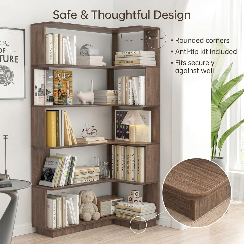 6 Tier Corner Bookshelf, Freestanding L-Shaped Wooden Bookcase with Open Shelves, Anti-Fall Panels and Anti-Tipping Device for Living Room, Home Office (Dark Brown with Left Extension)