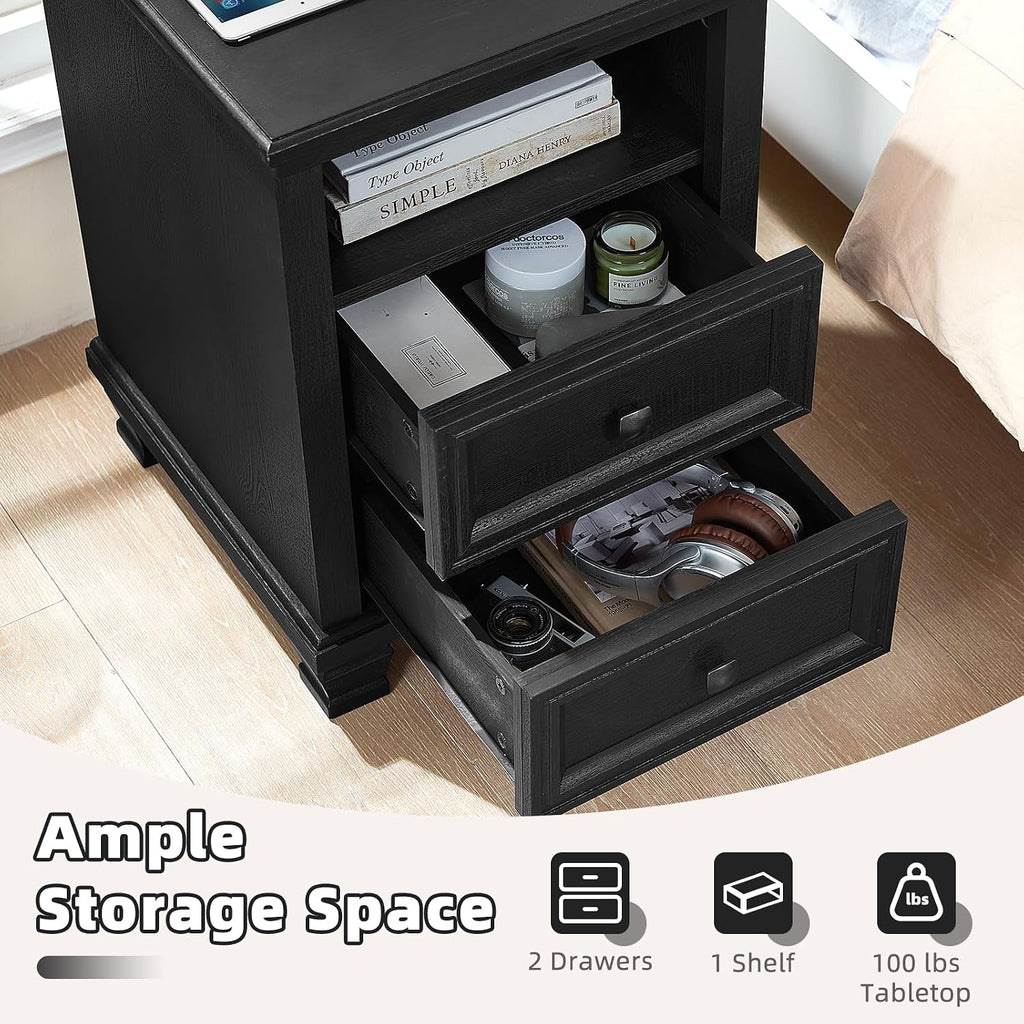 SAVOR LIFE Farmhouse Side Table with Charging Station, Rustic Black Nightstand with Drawers, Bedside Table with Open Shelf for Bedroom, Black