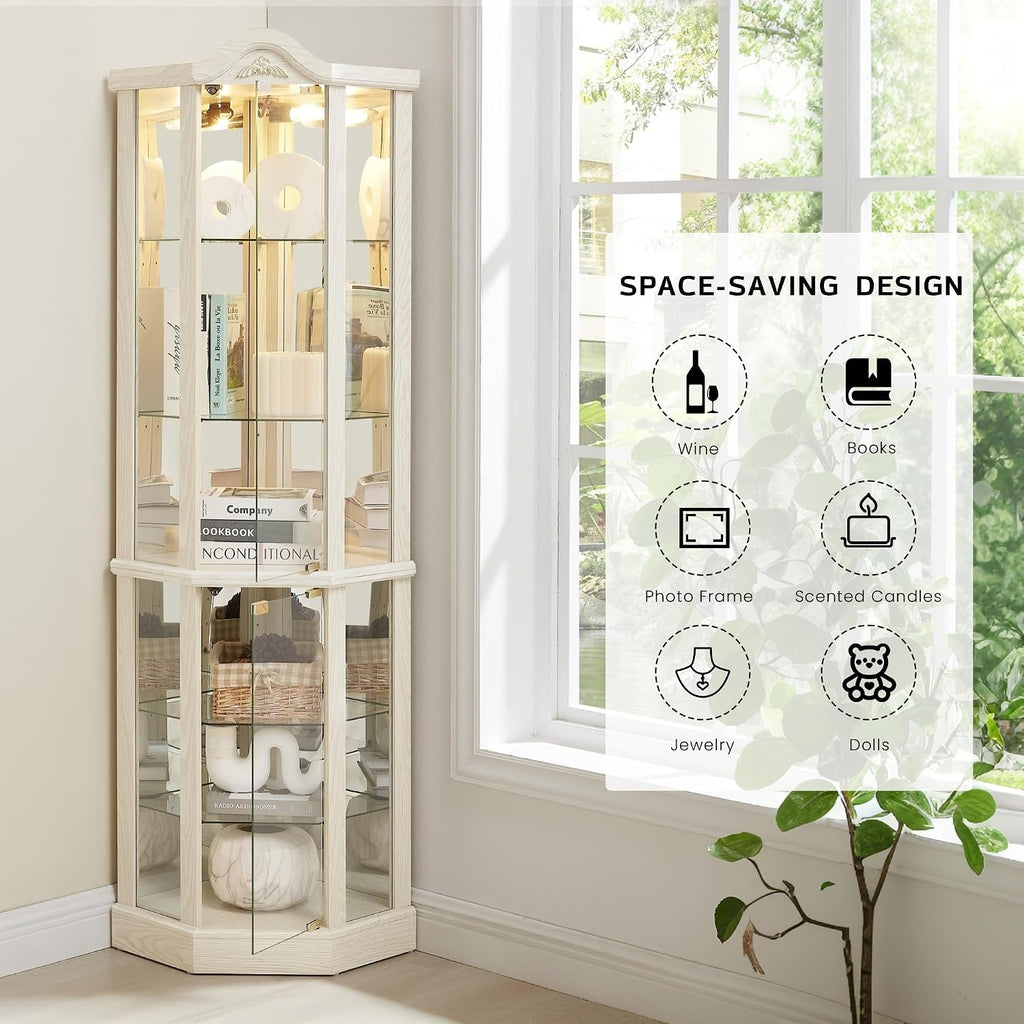 72' H Lighted Corner Curio Cabinet, Wooden Curio Cabinet with Tempered Glass Doors, 6-Tier Shelves Corner Cabinet with Glass, Liquor Display Storage Rack for Living Room(White)