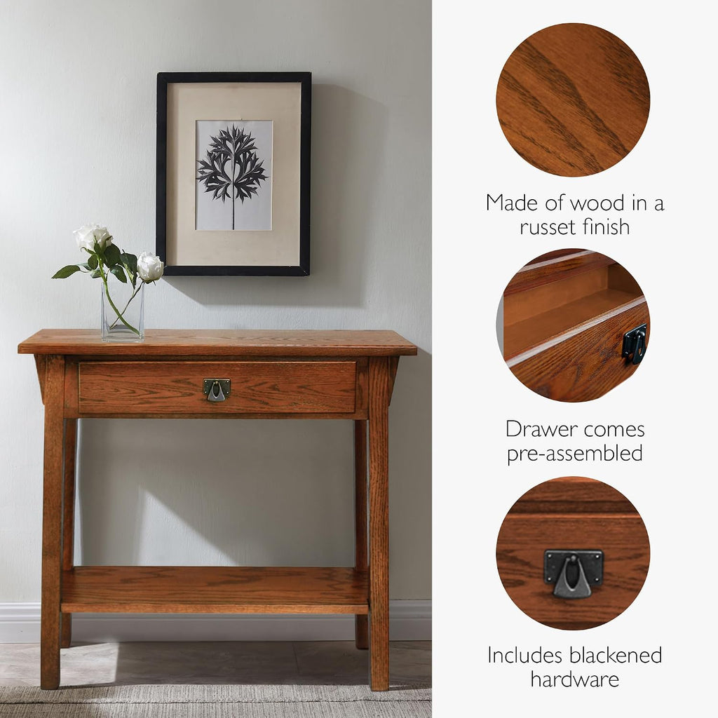 Leick Home Mission Console Table, Solid Wood, 1 Storage Drawer, Bottom Display Shelf, Narrow Depth, Easy-Assembly, For Living Room/Hallway, Russet, 30 in L x 10 in W x 28 in H, 9057-RS