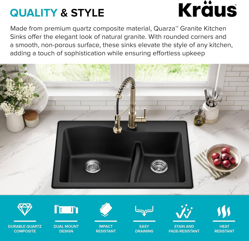 KRAUS Quarza 33-inch Drop-In/Undermount 60/40 Double Bowl Granite Kitchen Sink in Black, KGD-442BLACK