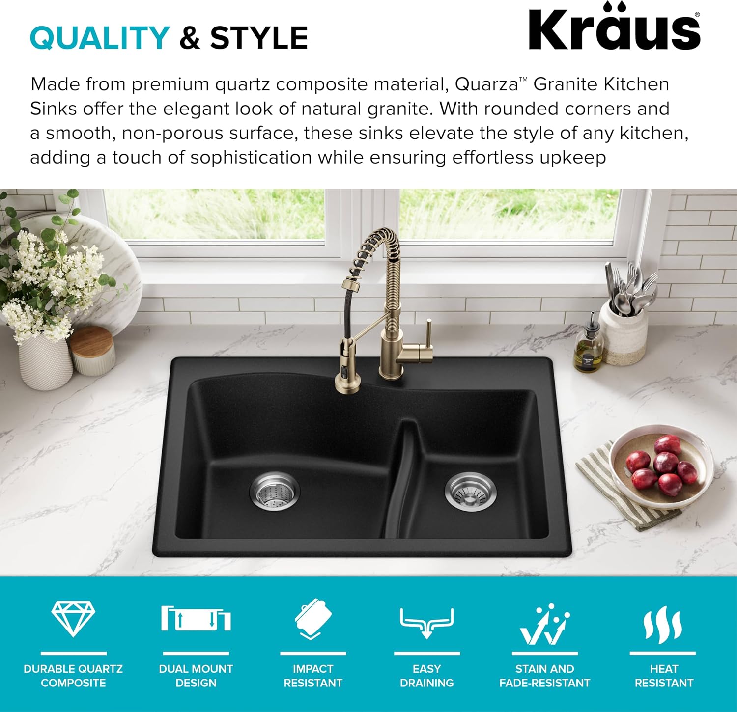 KRAUS Quarza 33-inch Drop-In/Undermount 60/40 Double Bowl Granite Kitchen Sink in Black, KGD-442BLACK
