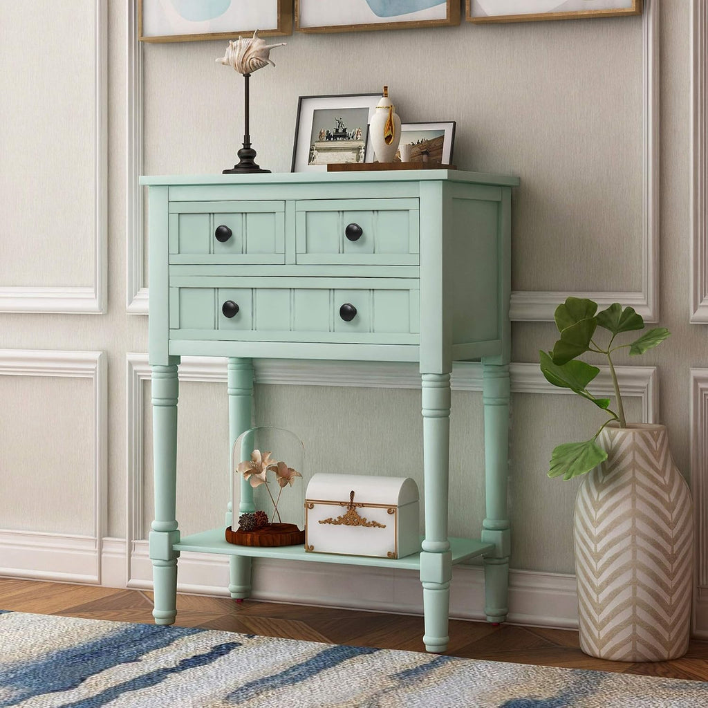 P PURLOVE Narrow Console Table, Farmhouse Entryway Table Slim Sofa Table with Three Storage Drawers and Bottom Shelf, Wood Entry Table for Living Room, Easy Assembly (Retro Blue)