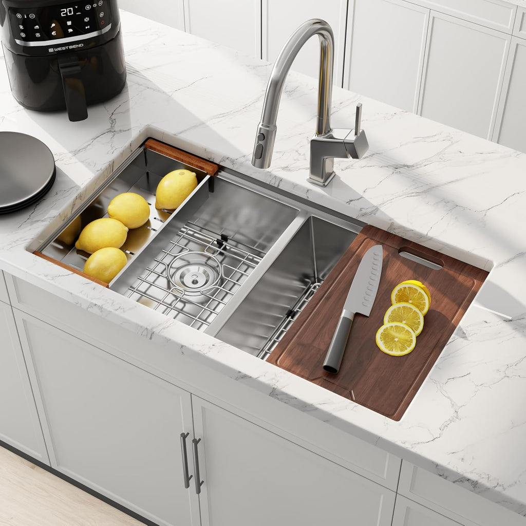32 Inch Workstation Undermount Double Bowl Kitchen Sink, 16 Gauge 304 Stainless Steel Handmade Spacious Deep Kitchen Sinks, Accessories and Ledge Included, 32' x 18' x 10'