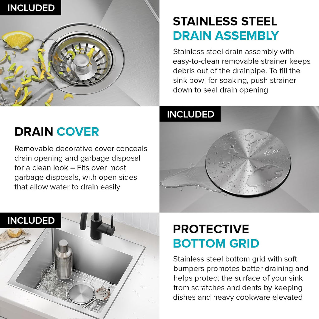KRAUS 18 x 18 inch Standart PRO™ Drop-In Top Mount 16 Gauge Single Bowl 1-Hole Stainless Steel Kitchen Sink Set (5 Item Bundle: Sink, Bottom Grid, Drain Assembly, Drain Cap, Kitchen Towel), KHT301-18