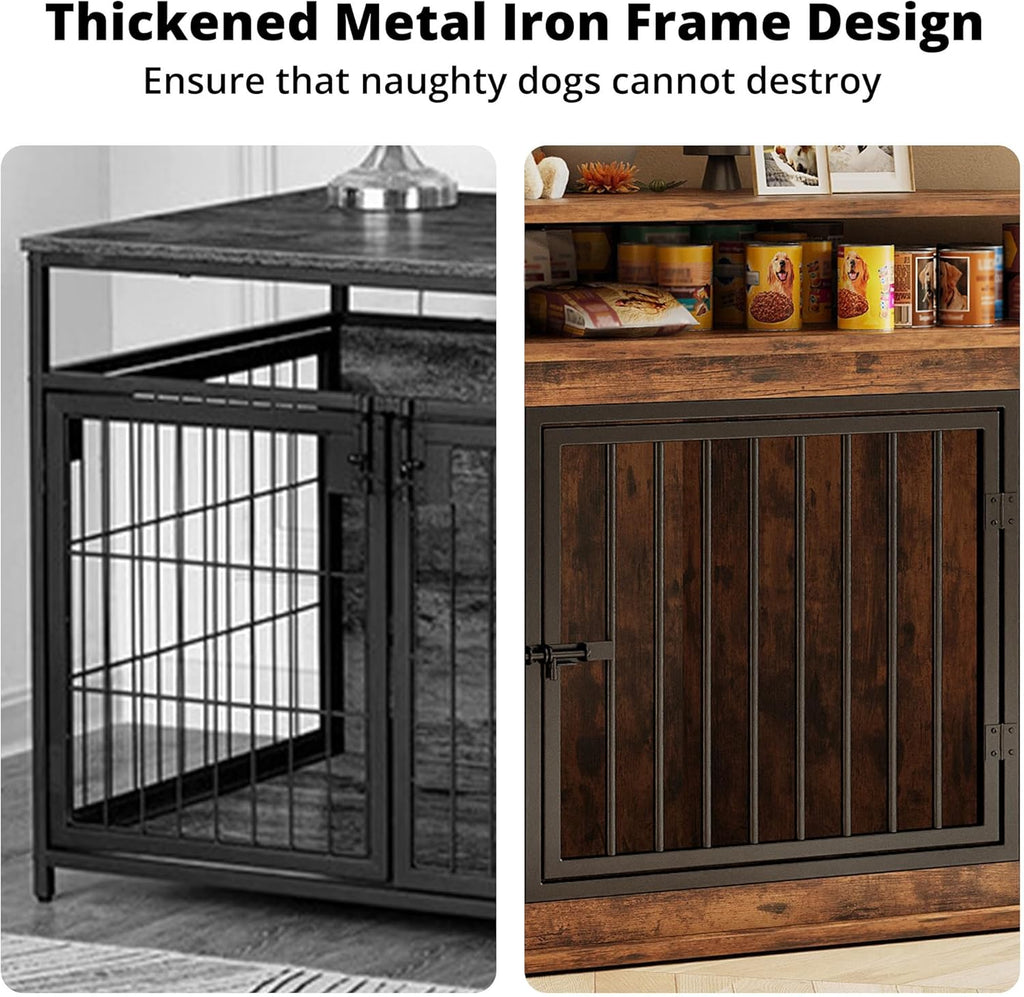 IRONCK 43.3' Corner Dog Crate Furniture with 2-Tier Shelves, Wooden Dog Kennel Indoor, Space-Saving Furniture Style Dog Cage for Small and Medium Dogs, Rustic Brown (23.6' L x 43.3' W x 32' H)