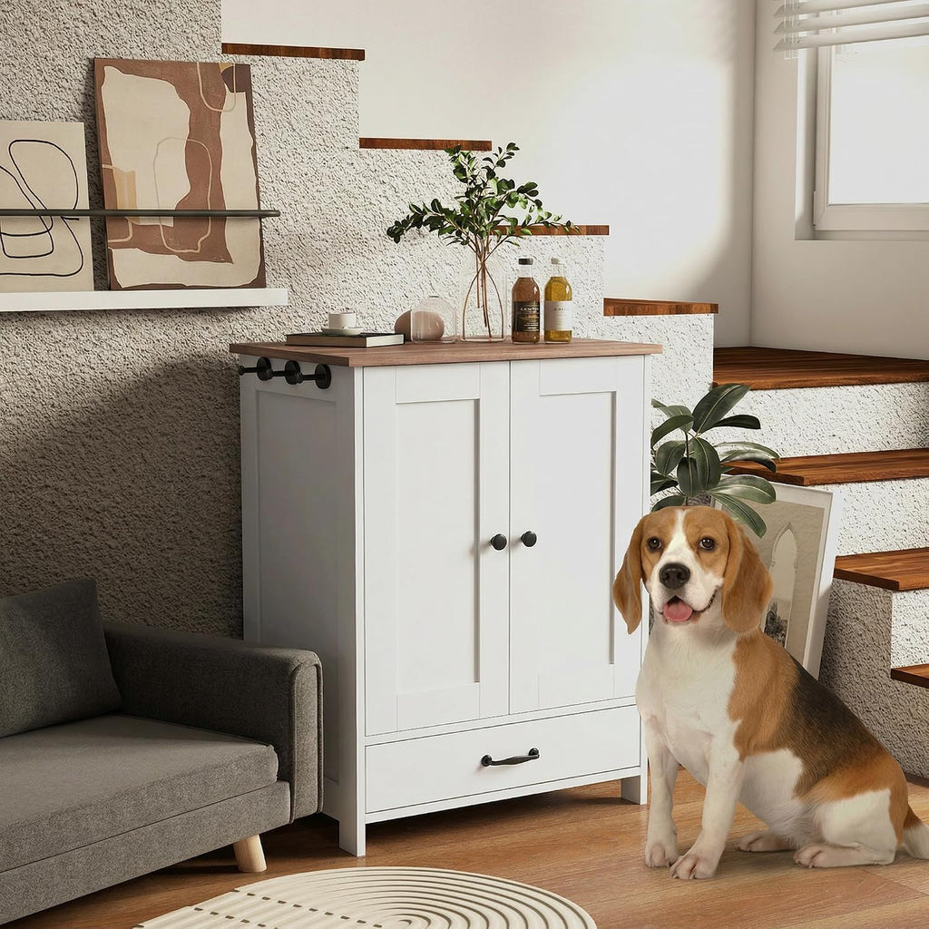 PawHut Pet Feeding Station, Elevated Dog Bowls, Dog Food Storage Cabinet with Hidden Bowls, Adjustable Panel, Hooks for Medium Sized Breed, White