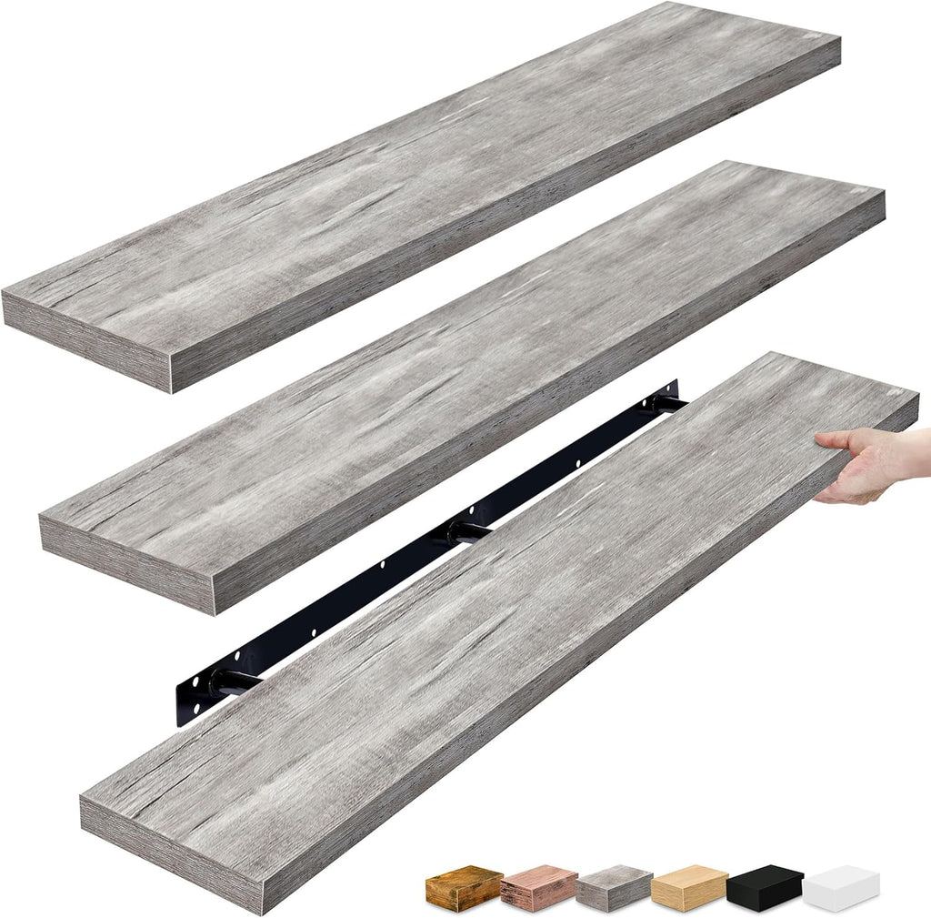 Sorbus Floating Shelves for Wall - 55 Inch Extra-Long Bathroom Shelves, Wall Decor for Bedroom, Kitchen, Living Room, Book Storage - Mounted Floating Shelf with Hidden Brackets (Gray, 3 Pack)