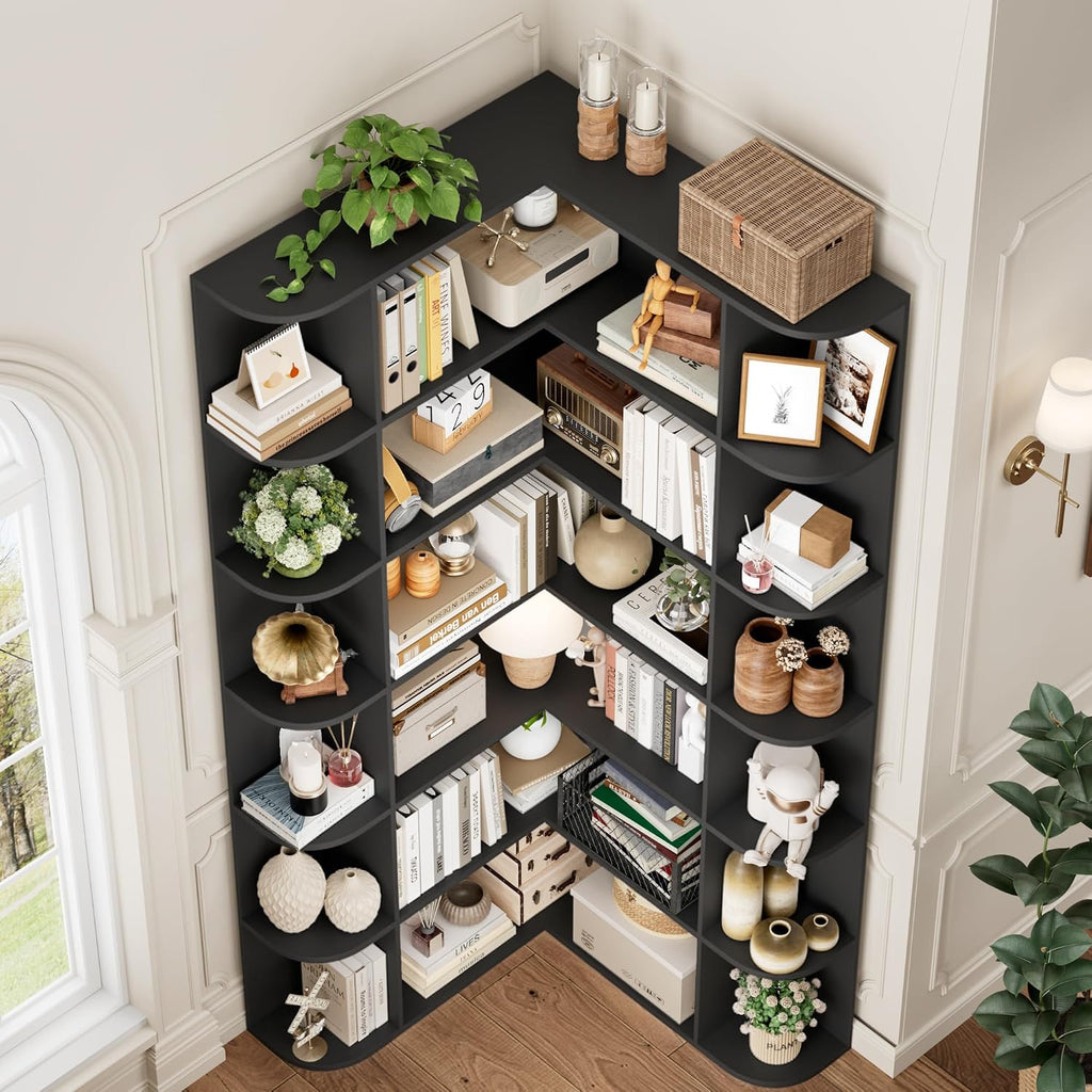 FOTOSOK 72' Tall Corner Bookshelf, 6-Tier Bookshelf and Bookcase with Open Storage, L Shaped Tall Bookcases Wooden Storage Shelves for Home Office, Thickened Boards for Better Load Bearing, Black