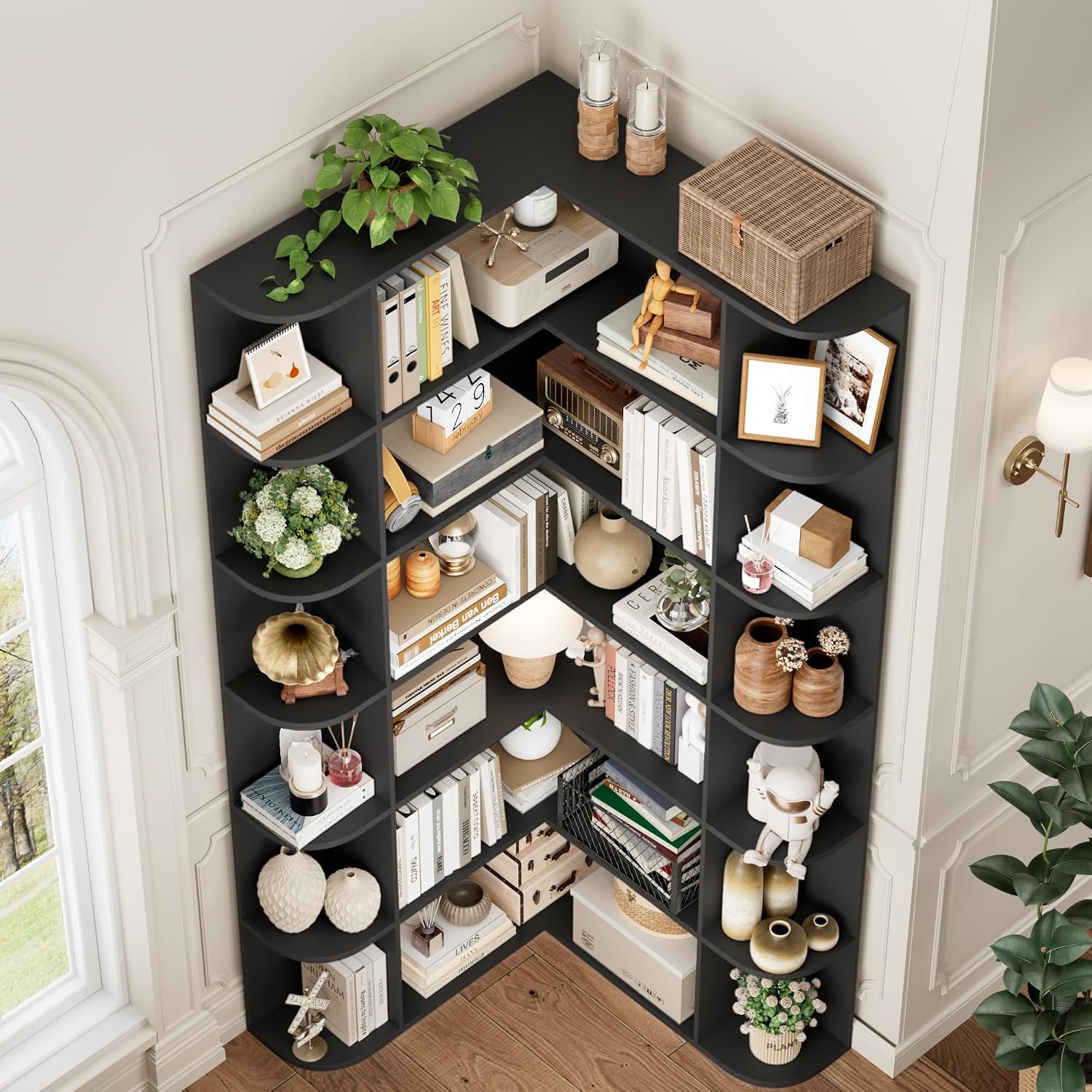FOTOSOK 72' Tall Corner Bookshelf, 6-Tier Bookshelf and Bookcase with Open Storage, L Shaped Tall Bookcases Wooden Storage Shelves for Home Office, Thickened Boards for Better Load Bearing, Black