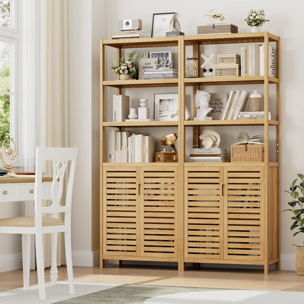 HIFIT 2 Set Tall Shelf Unit Bamboo Storage Cabinet with Doors, 5-Tier Bookshelves and Bookcases with Storage and Display, 67' Tall Cabinet w/Plant Stand for Bathroom,Living Room,Kitchen Dining,Balcony