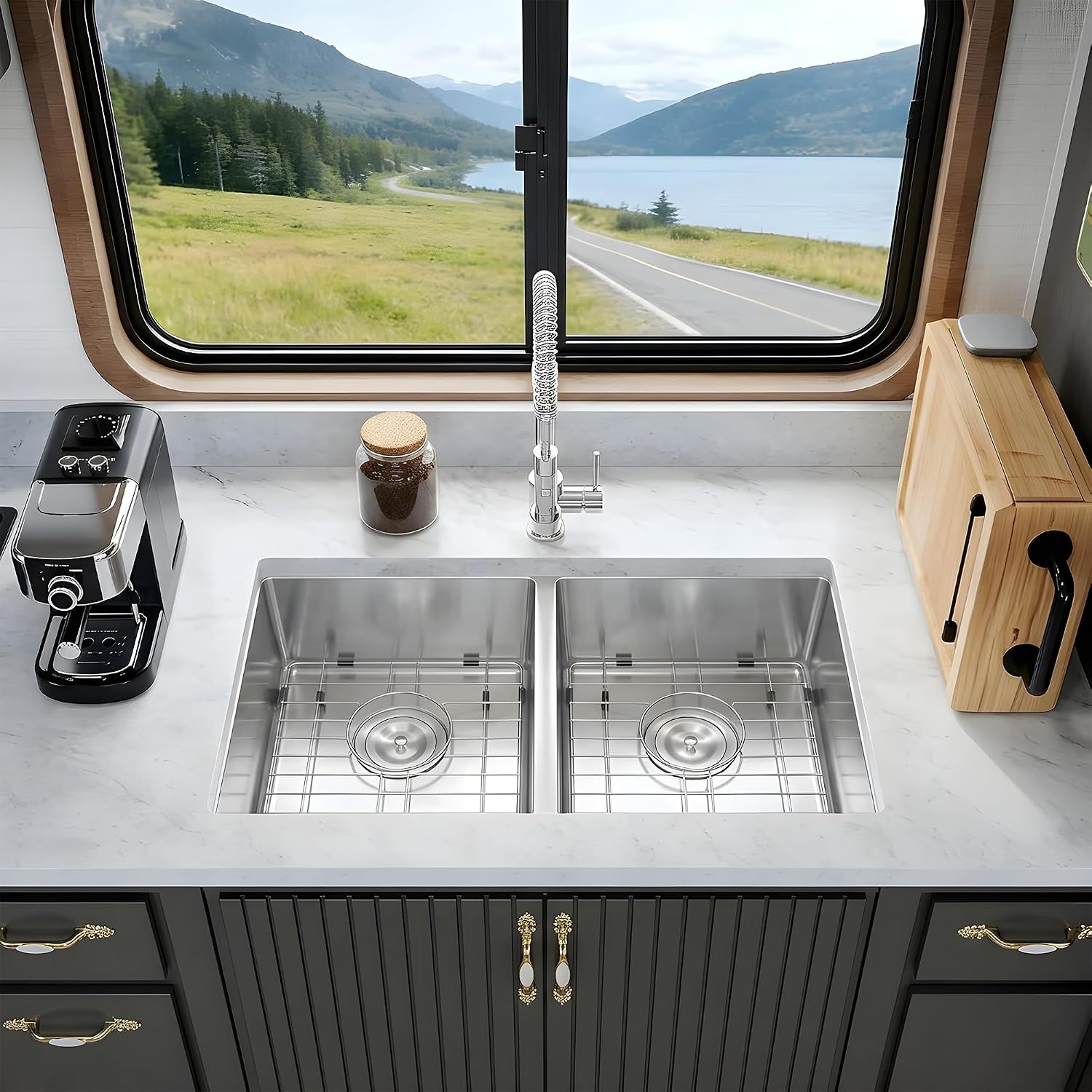 Kitsitchen RV Ktichen Sink,16 Gauge 304S Stainless Steel Undermount Kitchen Sink with Strainer & Bottom Gird, 27' x 16' x 7' Double Bowl Kitchen Sinks Used at RV, Outdoor,Bathroom and Trailer