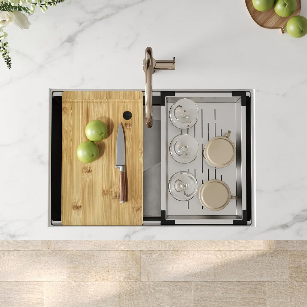 DeerValley Workstation Kitchen Sink 27 Inch, 18 Gauge Stainless Steel Single Bowl Sink, Handmade with Built-In Accessories, Ledge Design & Cutting Board