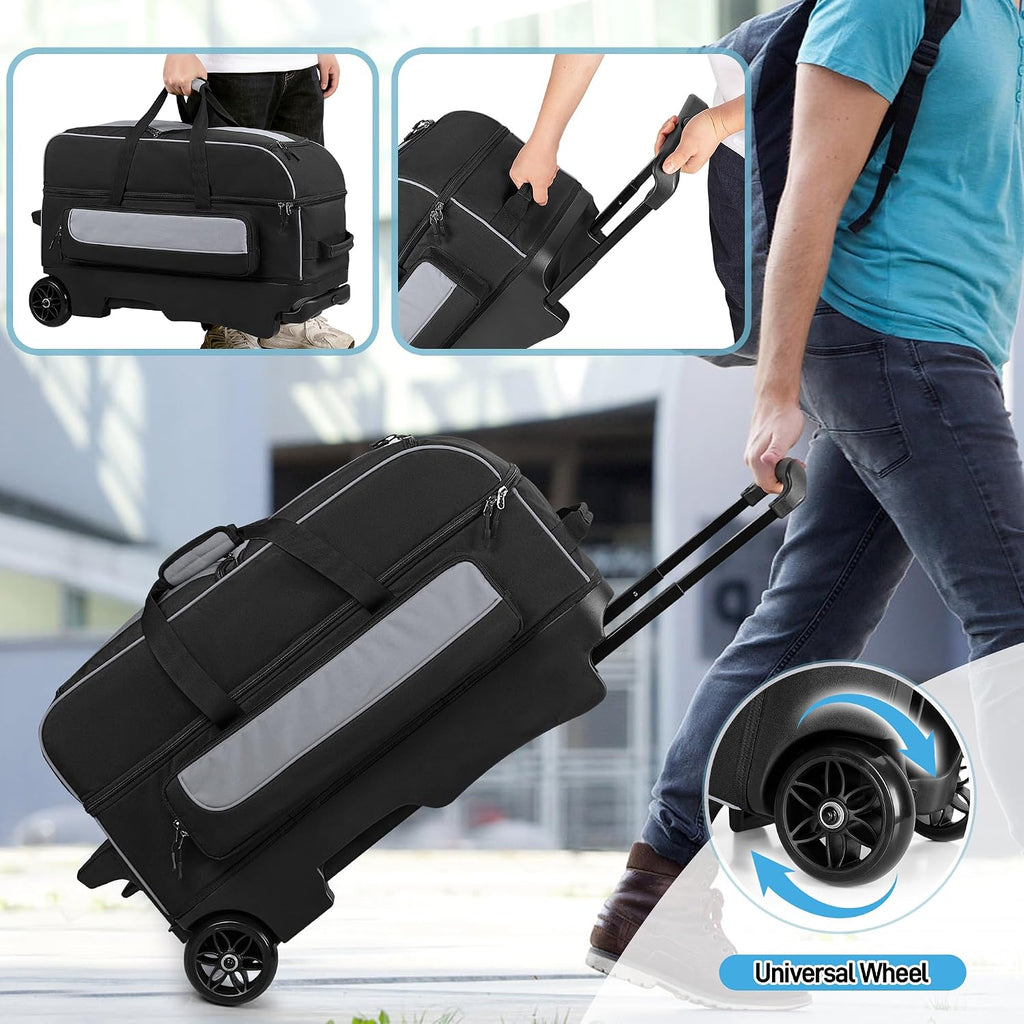 GOBUROS 3 Ball Roller Bowling Bag with Multi Accessory Pockets and Shoes Compartment, Fits 2 Pairs of Size 16 Shoes, 3 Ball Bowling Bags with Large Wheels and Retractable Handle Extends to 41.5'