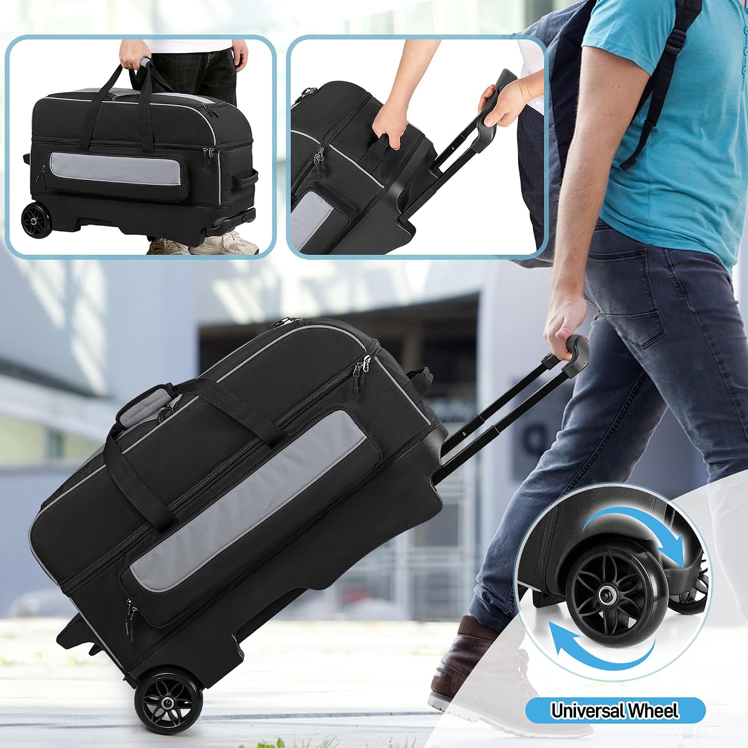 GOBUROS 3 Ball Roller Bowling Bag with Multi Accessory Pockets and Shoes Compartment, Fits 2 Pairs of Size 16 Shoes, 3 Ball Bowling Bags with Large Wheels and Retractable Handle Extends to 41.5'