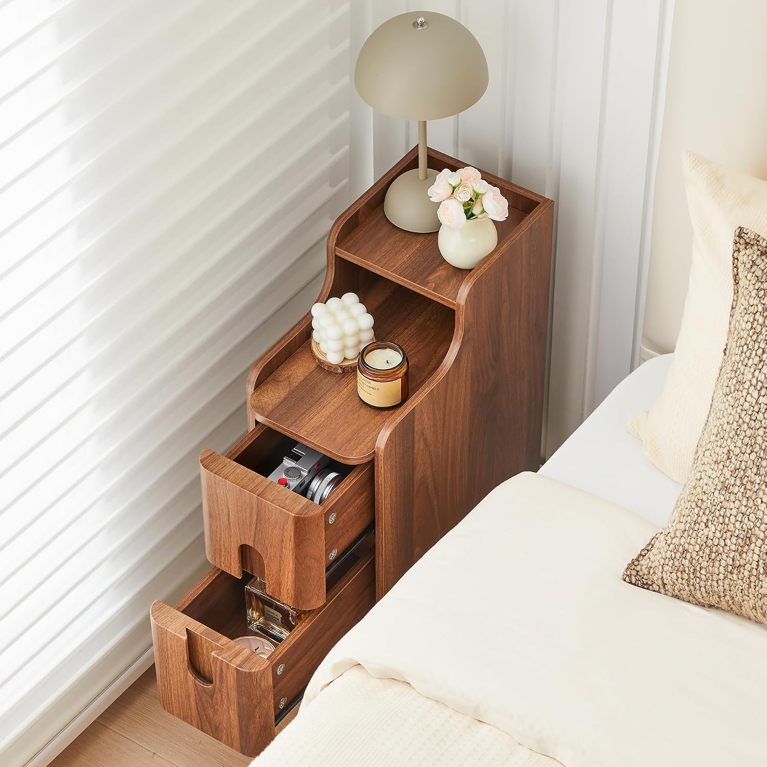 Narrow Nightstand Set of 2, Wood 2 Drawer Small Nightstand, Slim Side Table, Modern Skinny End Bedside Table, Natural Wood Night Stand with Drawers for Bedroom (Walnut-2 pcs)