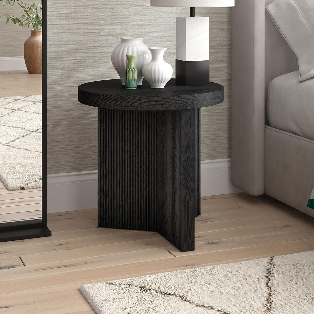 Henn&Hart 22' Fluted Scandinavian Round End Table, Ribbed Side Table, Nightstand for Living Room, Office, Family Room, or Bedroom, Natural Black