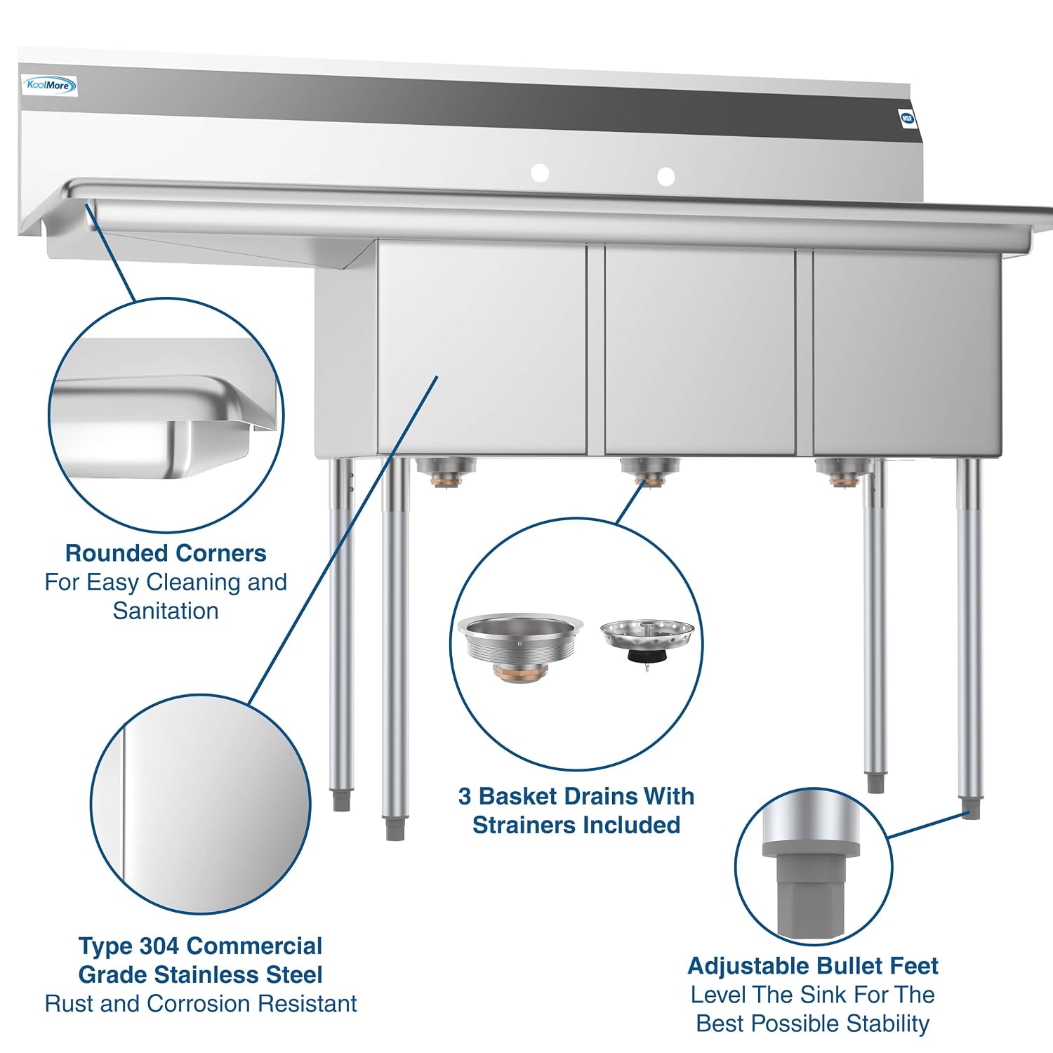 KoolMore 3 Compartment Stainless Steel NSF Commercial Kitchen Sink with Large Drainboard - Bowl Size 12' x 16' x 10', Silver