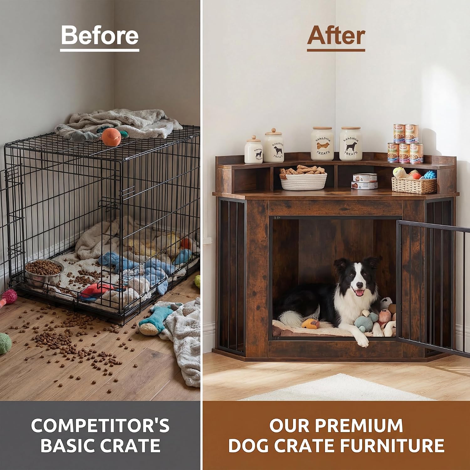 Corner Dog Crate Furniture for Small, Medium Dogs | Heavy Duty Wooden Kennel, 2-Tier Storage Shelves, Anti-Chew Design, Space-Saving, Indoor Use as TV Stand or End Table